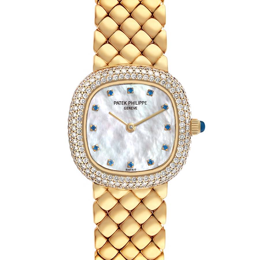 The Patek Philippe Golden Ellipse 3848 Women's Yellow Gold Mother of Pearl Dial watch is shown from a top view, displaying the face, dial, case, and metal bracelet.
