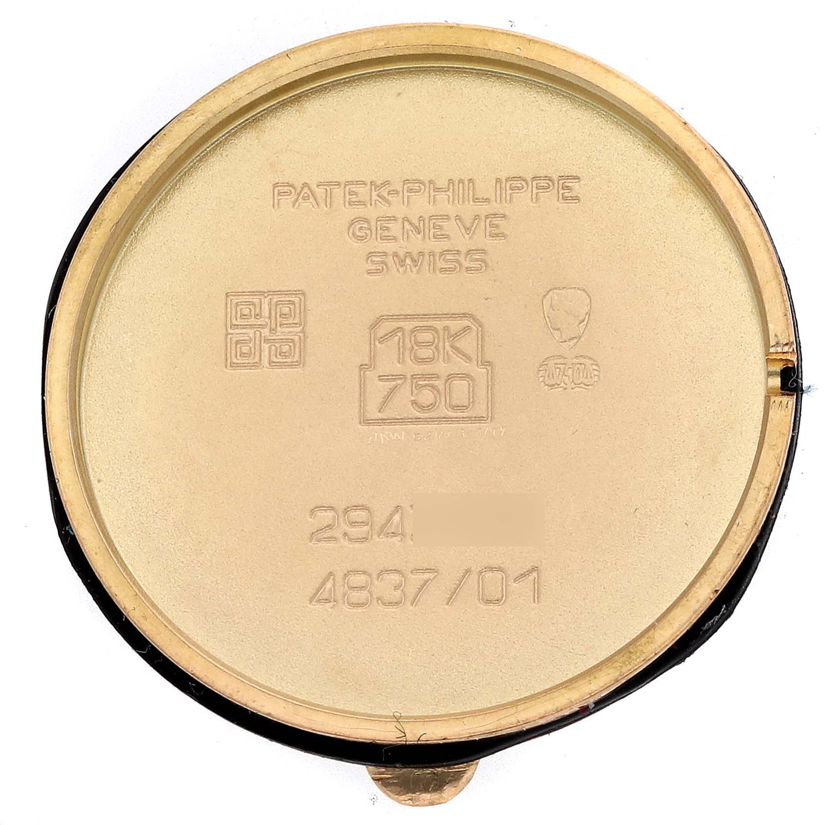 The image shows the inside case back of a Patek Philippe Golden Ellipse 3848 Women's Yellow Gold Mother of Pearl Dial watch, displaying engravings and hallmarks.