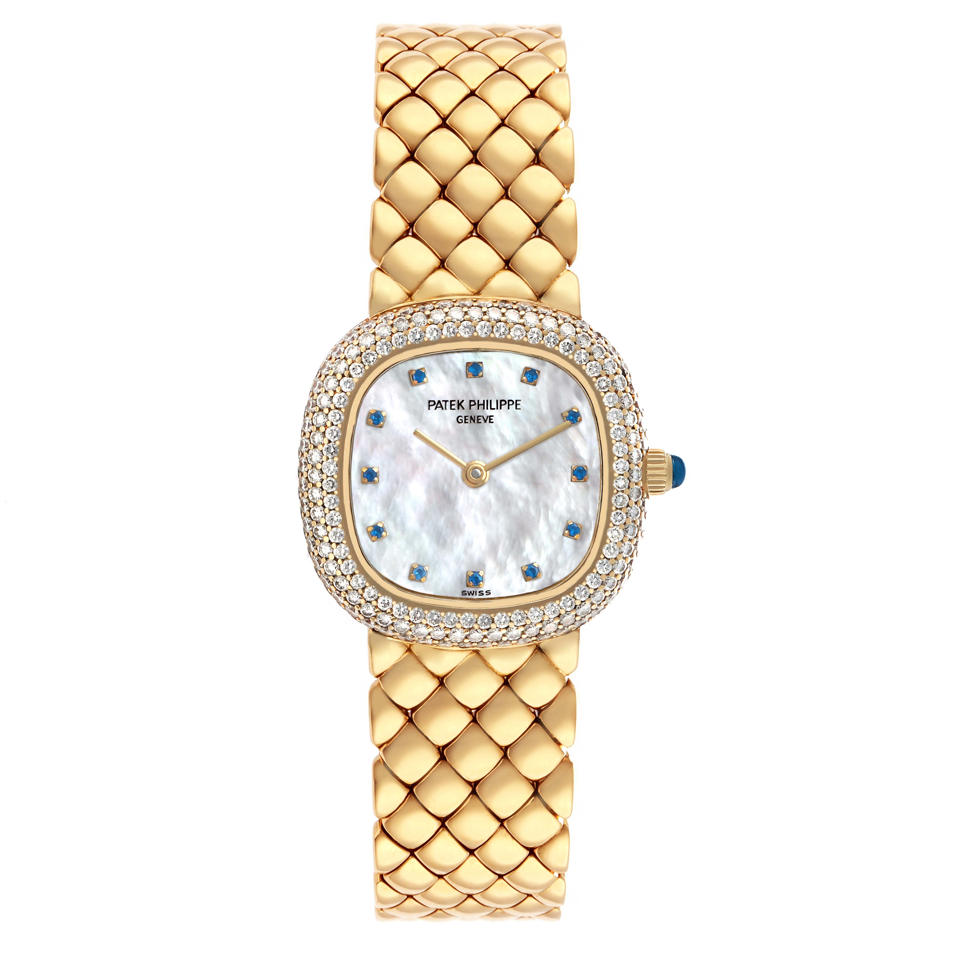 The Patek Philippe Golden Ellipse 3848 Women's Yellow Gold Mother of Pearl Dial watch is shown from a top view, displaying the face, bezel, and bracelet.