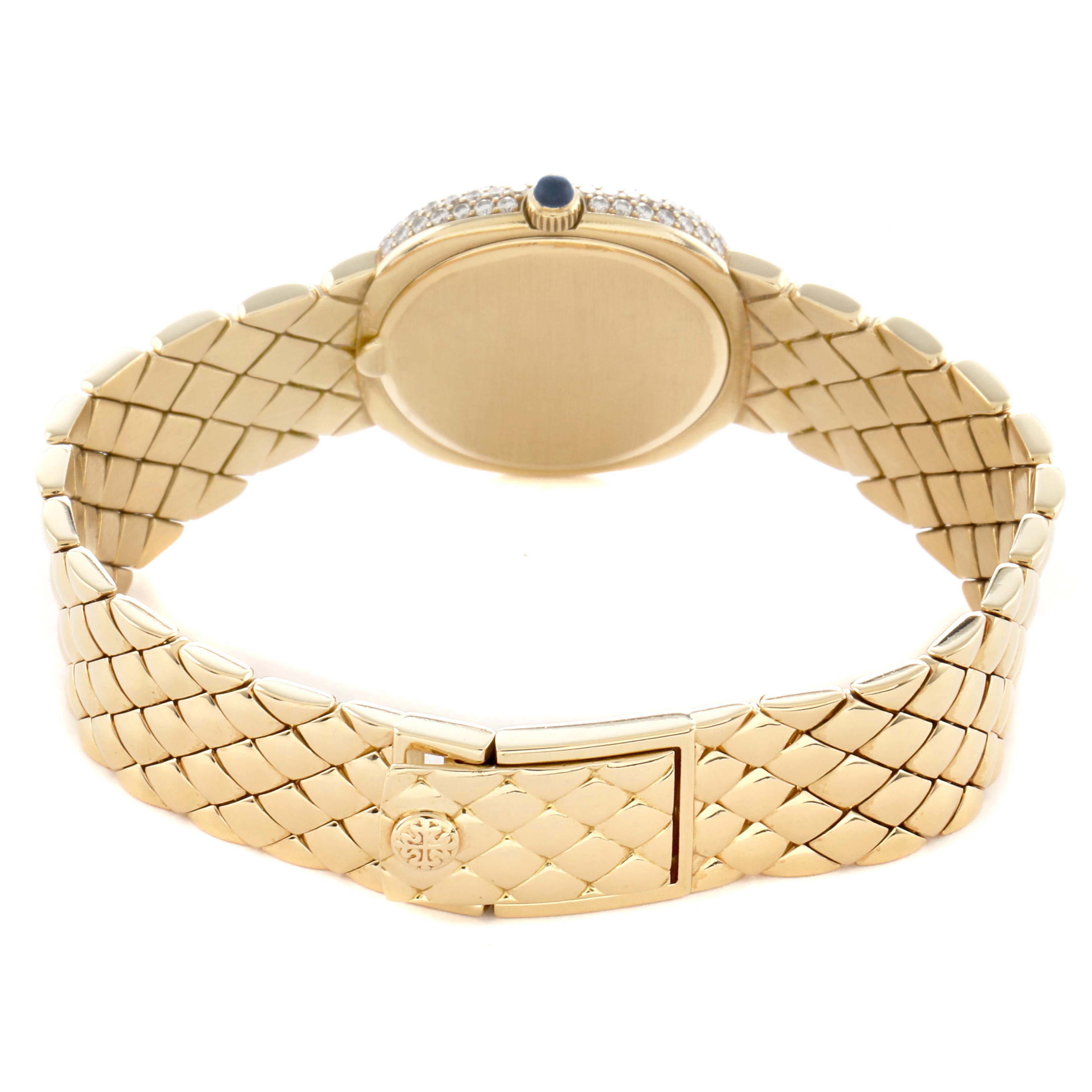 The image shows the back of the Patek Philippe Golden Ellipse 3848 Women's Yellow Gold Mother of Pearl Dial watch, highlighting its gold bracelet and clasp.