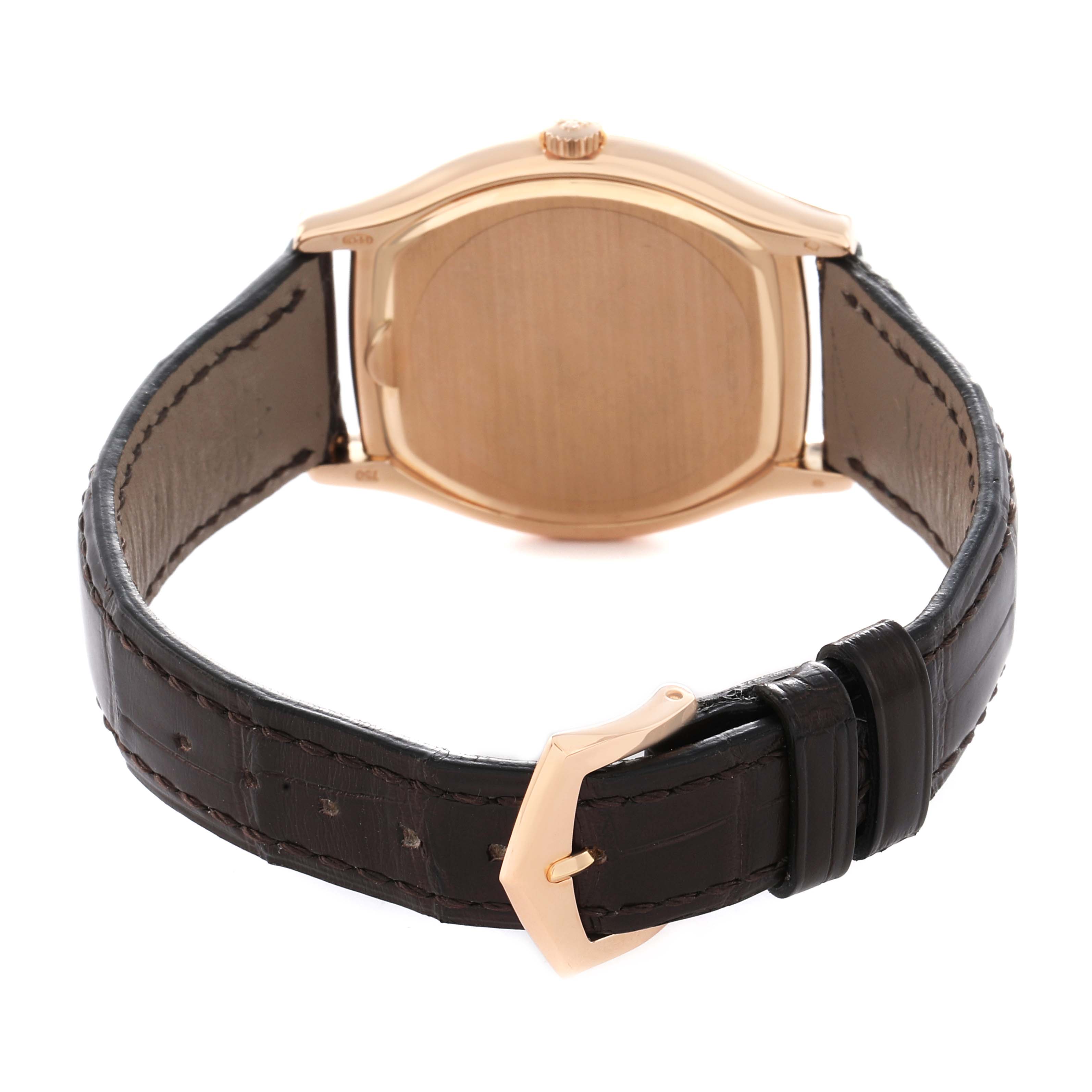 The Patek Philippe Gondolo 5030R Men's Rose Gold Silver Dial watch is shown from the back, highlighting its case, crown, and leather strap with a buckle.
