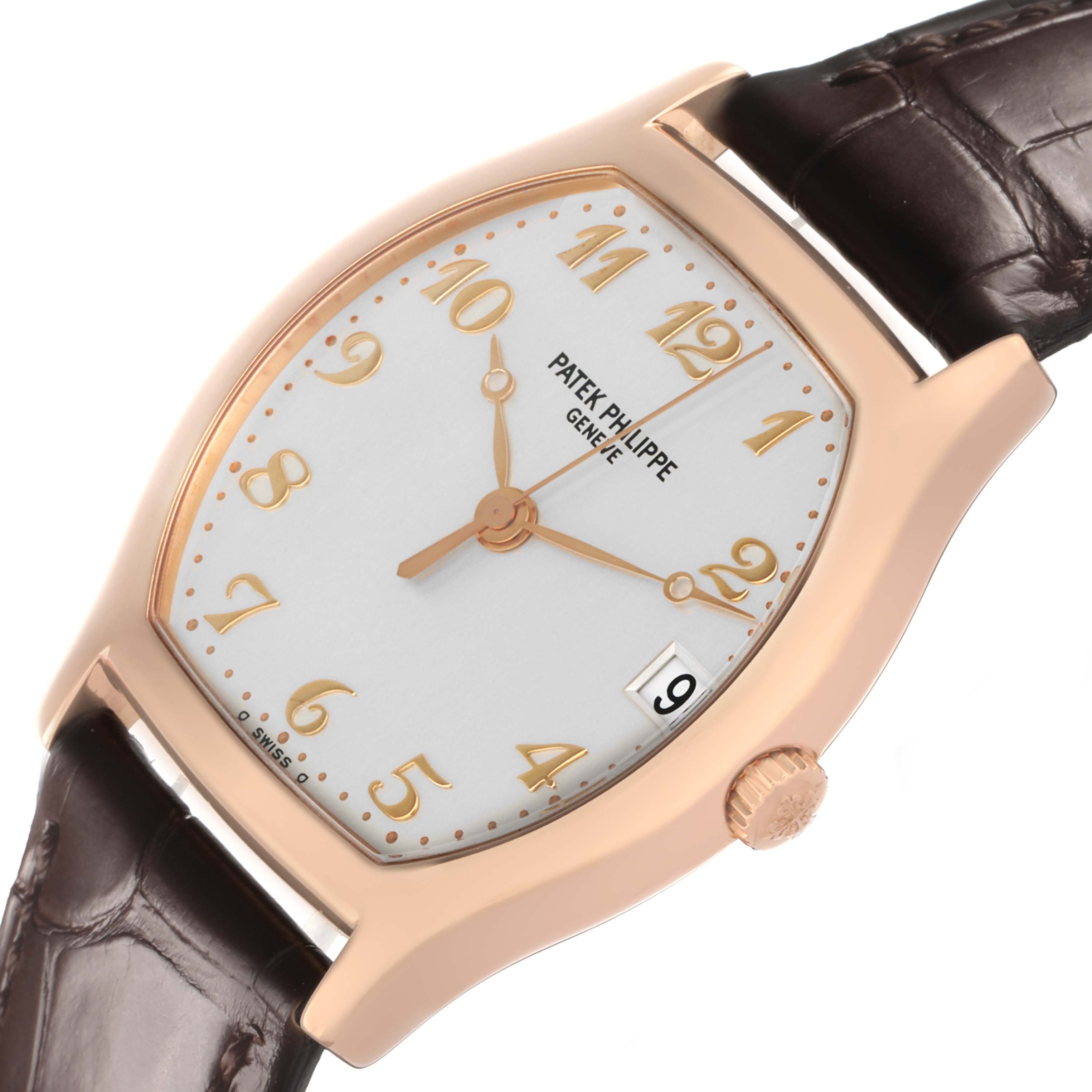 The Patek Philippe Gondolo 5030R Men's Rose Gold Silver Dial watch is shown from a front angle, displaying the face, dial, hands, and crown.