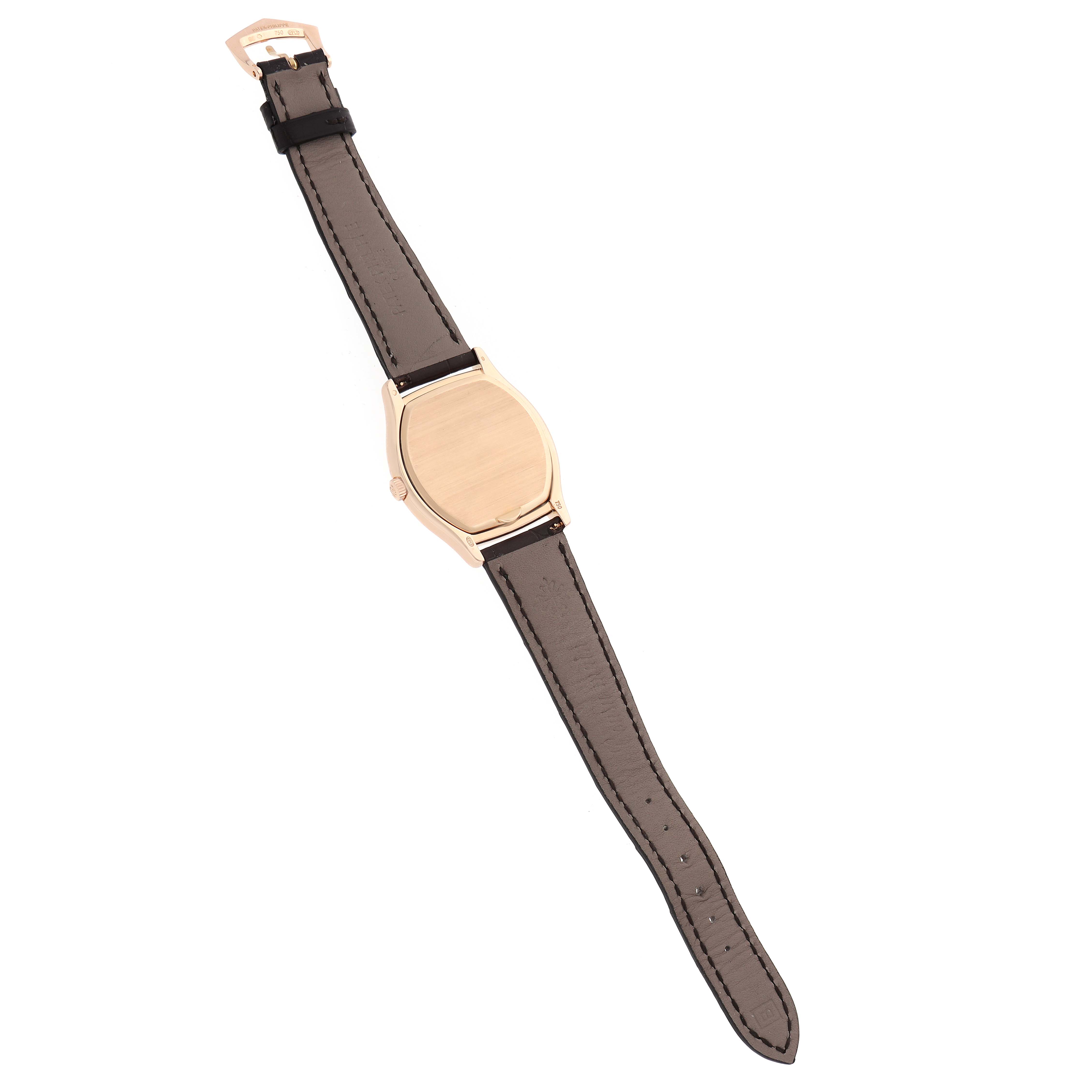 The image shows the back and strap of a Patek Philippe Gondolo 5030R Men's Rose Gold Silver Dial watch, laid flat with the buckle and case visible.