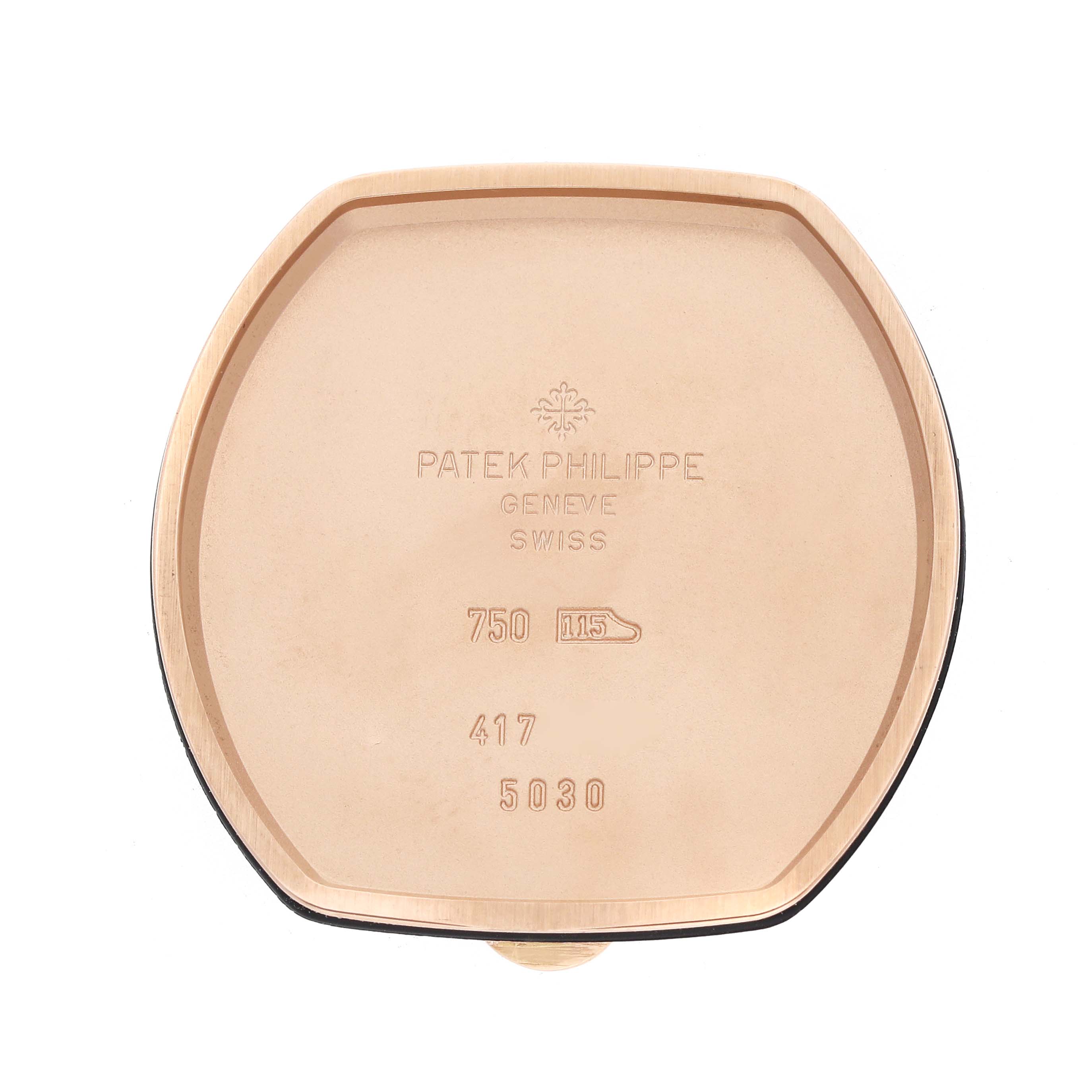 The image shows the back cover of a Patek Philippe Gondolo 5030R Men's Rose Gold Silver Dial watch, displaying inscriptions and hallmark details.