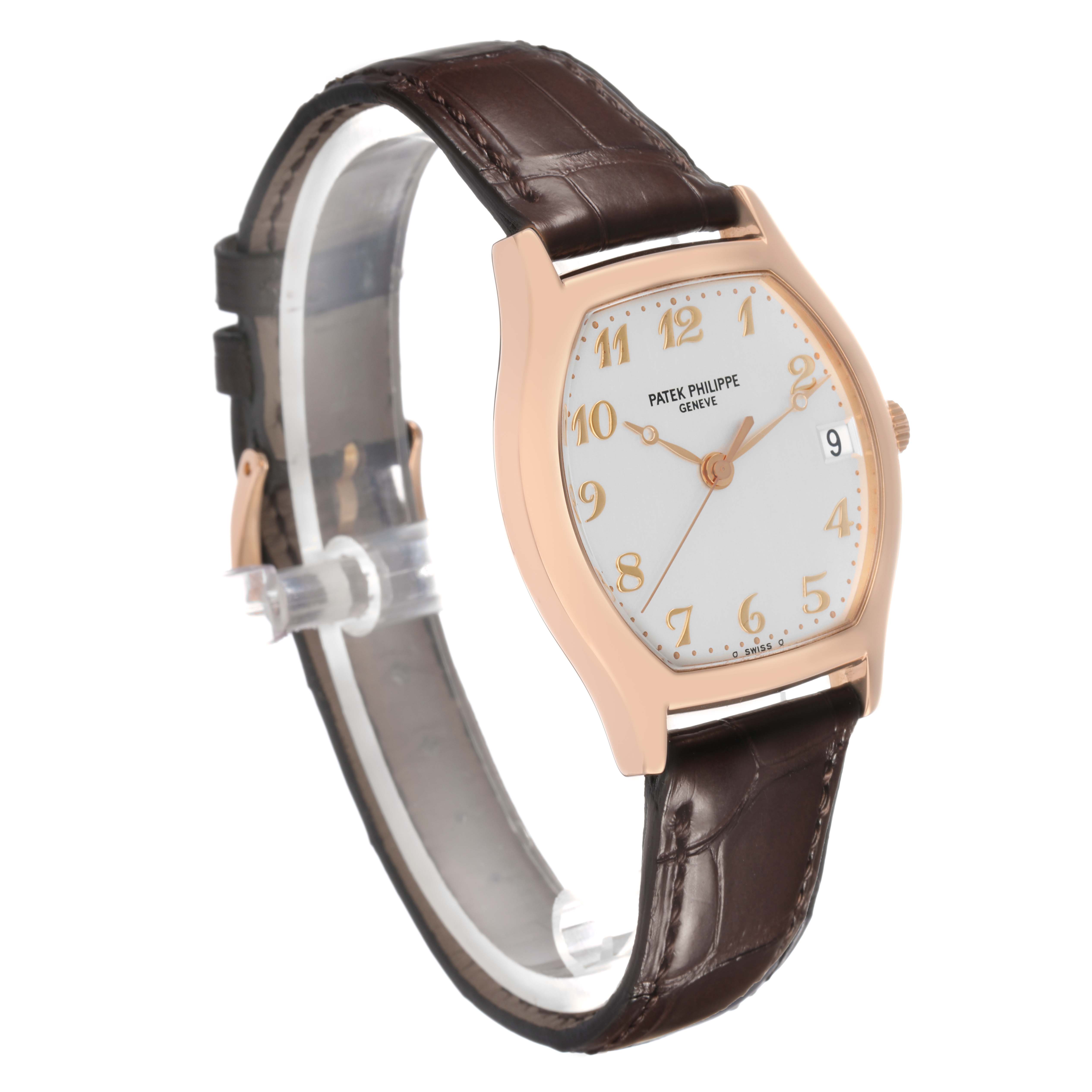 The Patek Philippe Gondolo 5030R Men's Rose Gold Silver Dial watch is shown at a three-quarter angle highlighting the face, case, strap, and side crown.