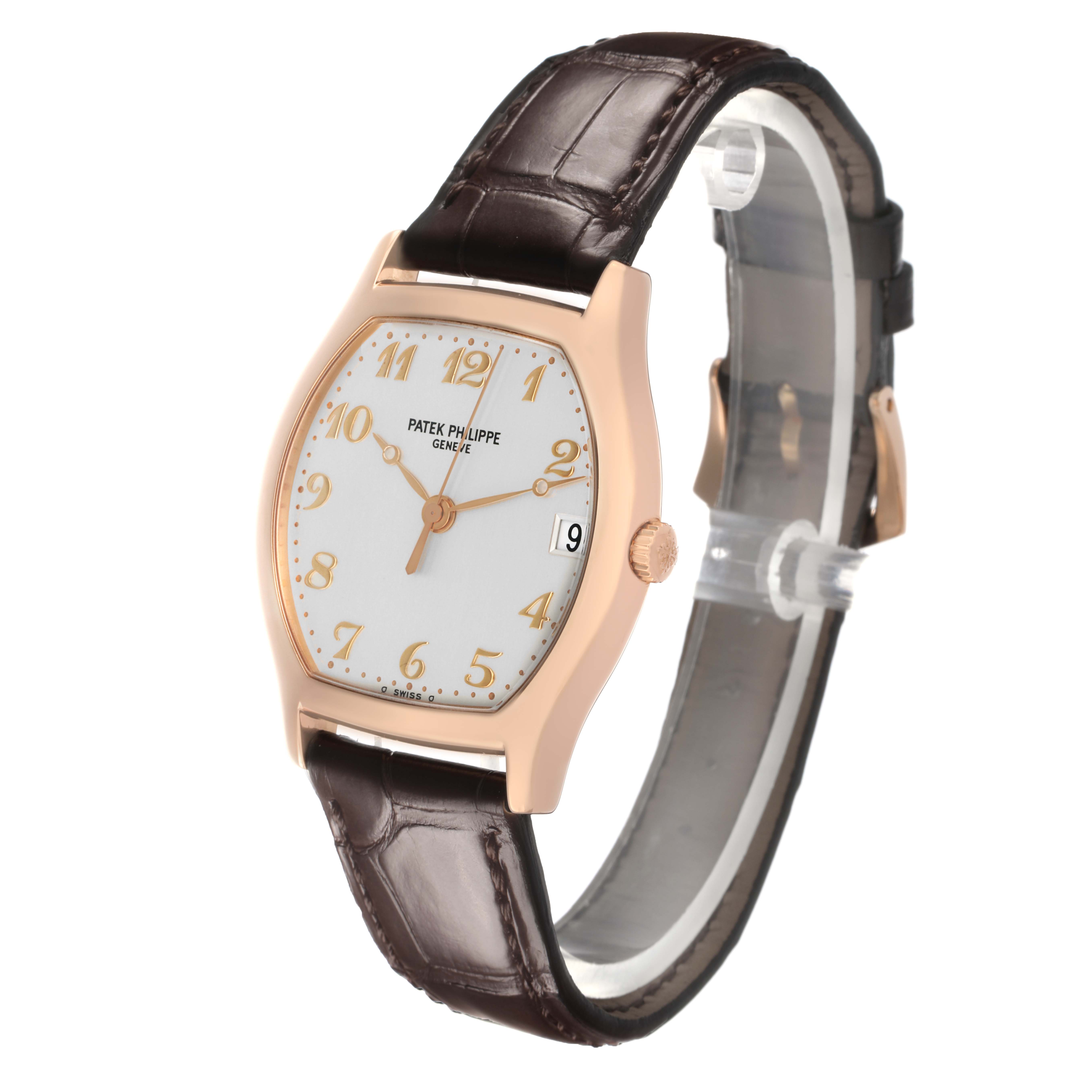 The Patek Philippe Gondolo 5030R Men's Rose Gold Silver Dial watch is shown at a slight angle, displaying the face, case, strap, and crown.