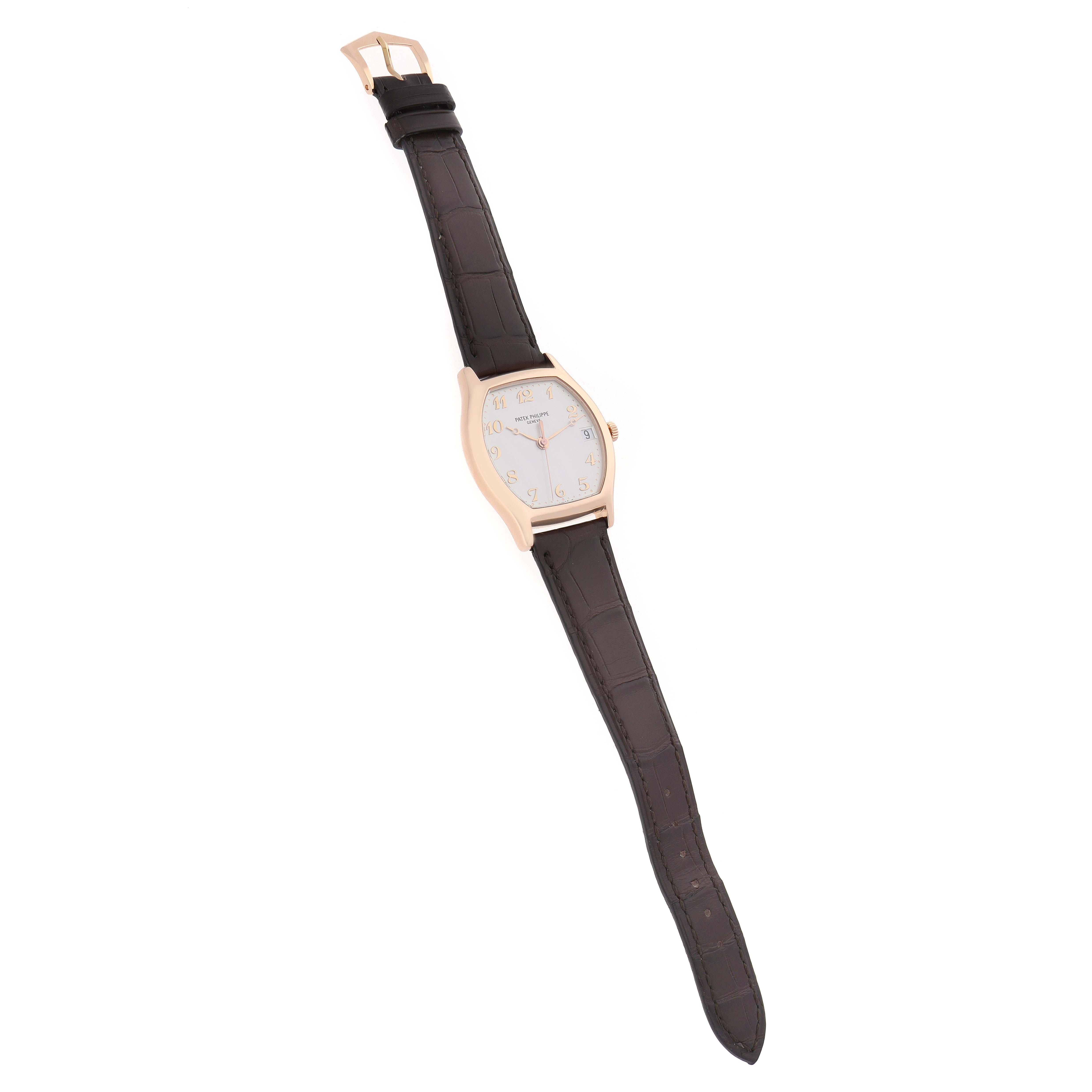 The Patek Philippe Gondolo 5030R Men's Rose Gold Silver Dial watch is shown from a top-down angle, displaying the dial, case, and strap.