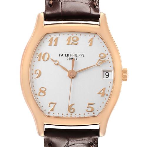 The Patek Philippe Gondolo 5030R Men's Rose Gold Silver Dial watch is shown from a front angle, displaying the case, crown, dial, and leather strap.