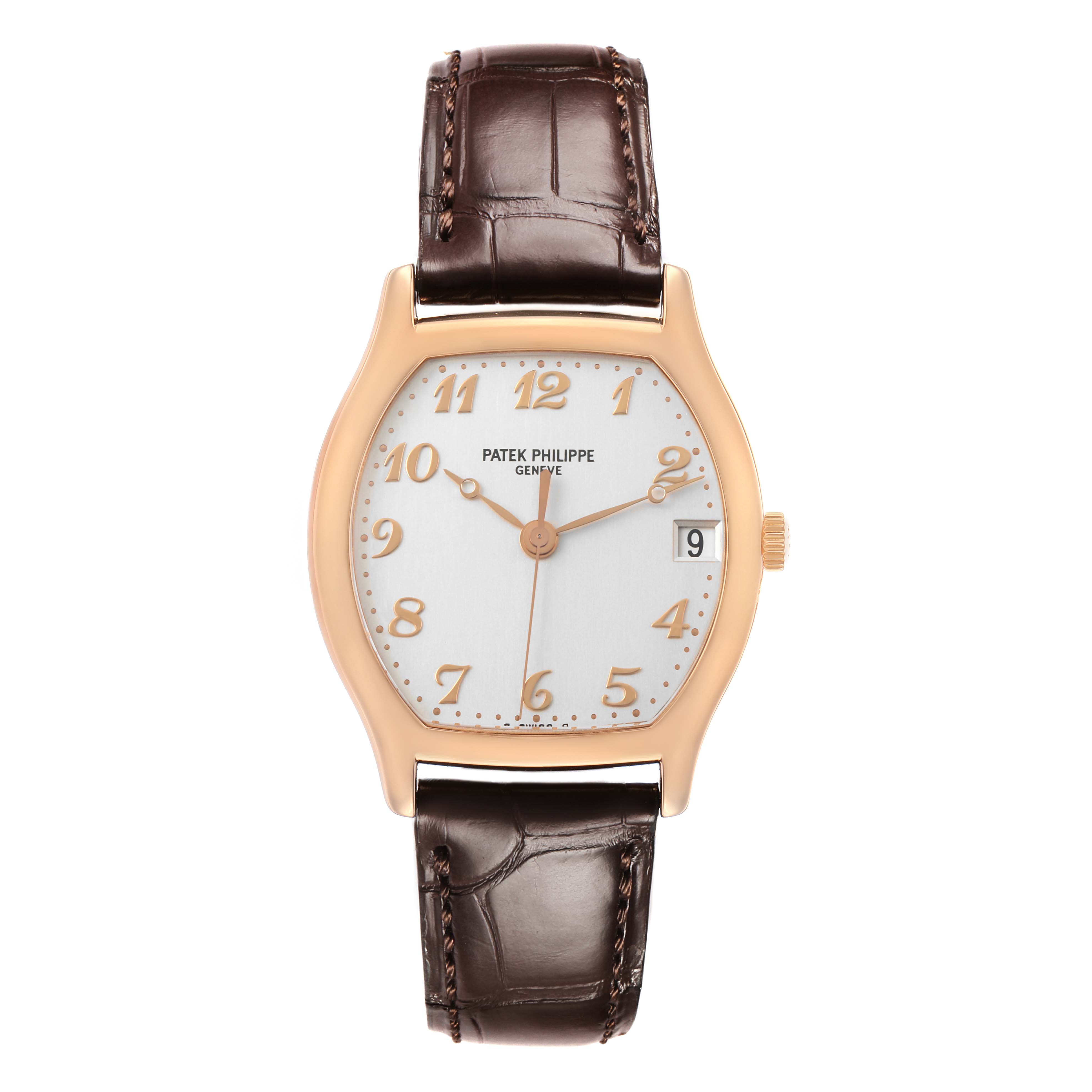 The Patek Philippe Gondolo 5030R Men's Rose Gold Silver Dial watch is shown from a front angle, displaying its face, case, and leather strap clearly.