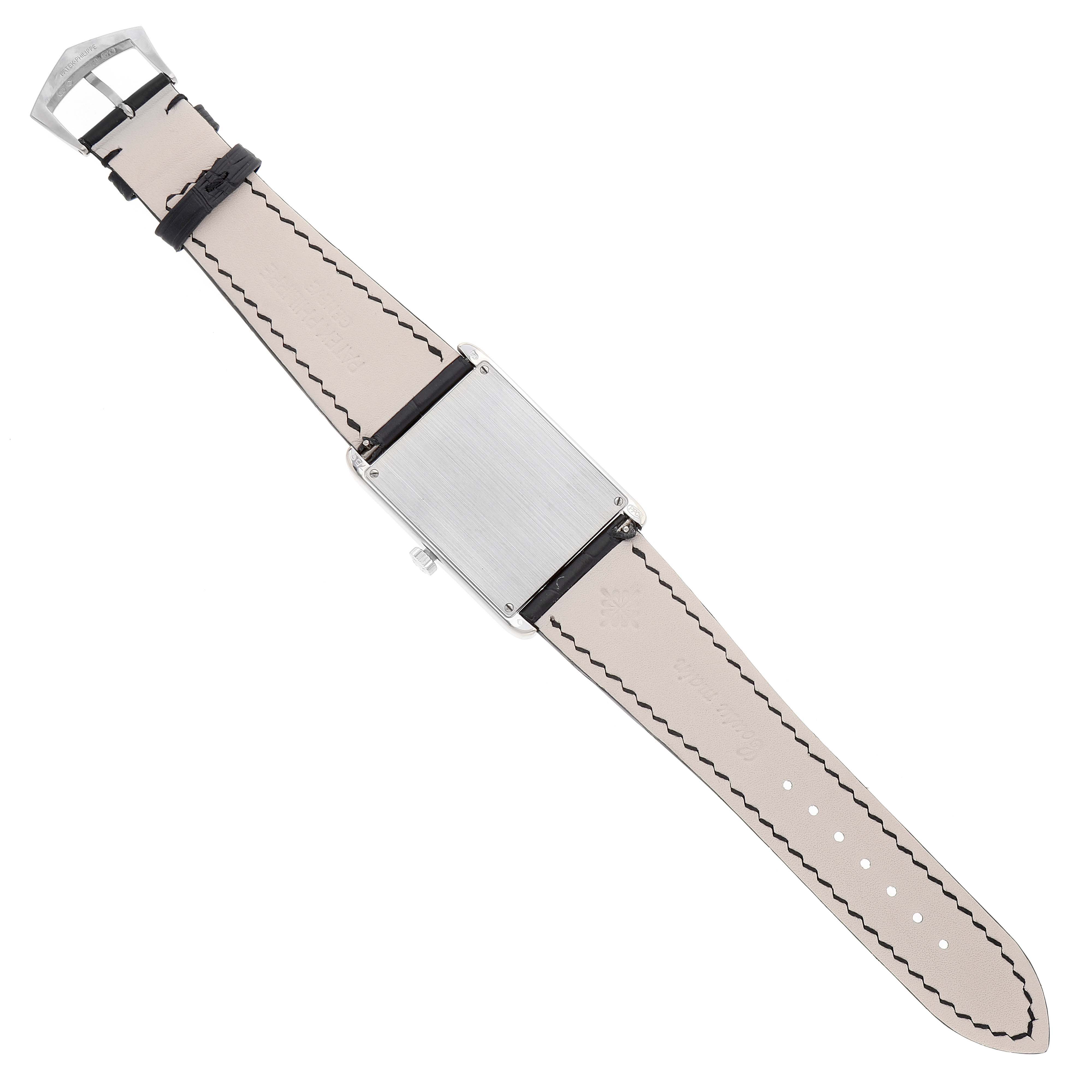 The image shows the back view of a Patek Philippe Gondolo 5112 Men's White Gold Black Dial 5112 Men's White Gold Black Dial watch, including the case back, strap, and buckle.