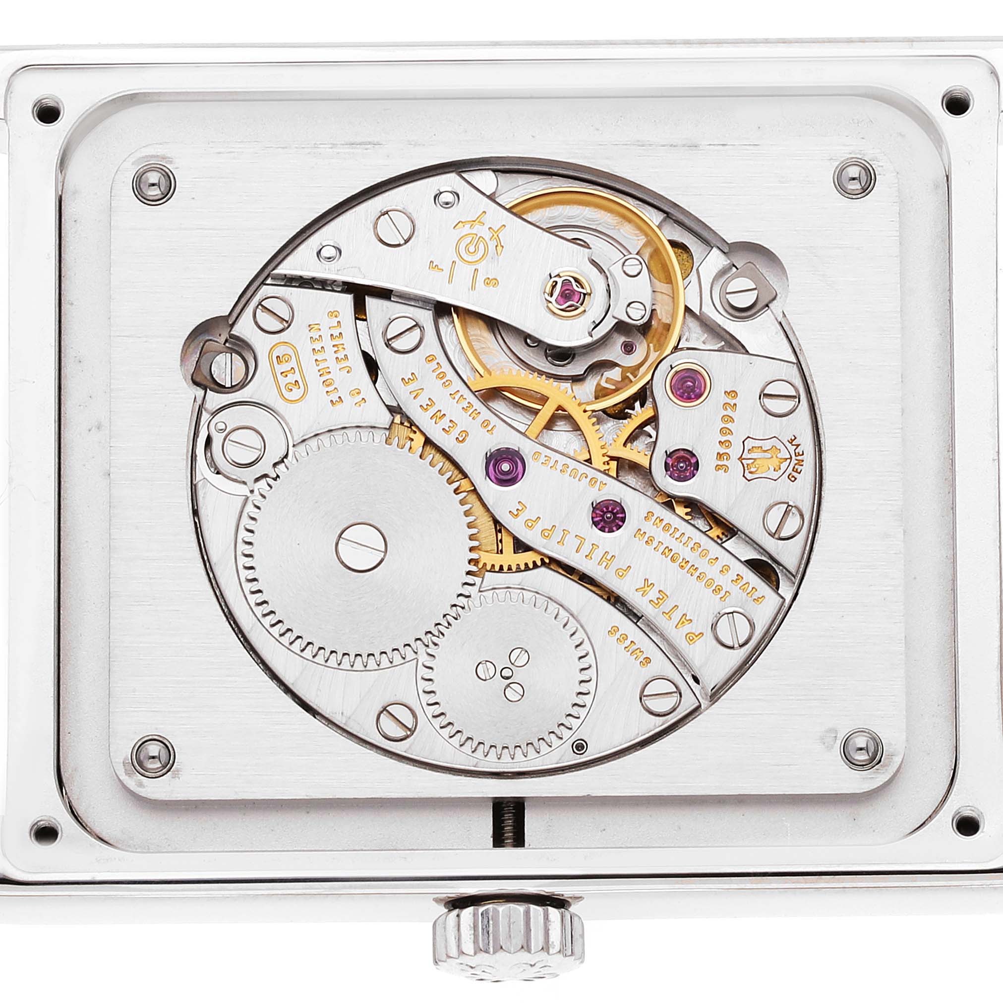 This image shows the detailed back view of the movement and internal mechanics of the Patek Philippe Gondolo 5112 Men's White Gold Black Dial 5112 Men's White Gold Black Dial watch.