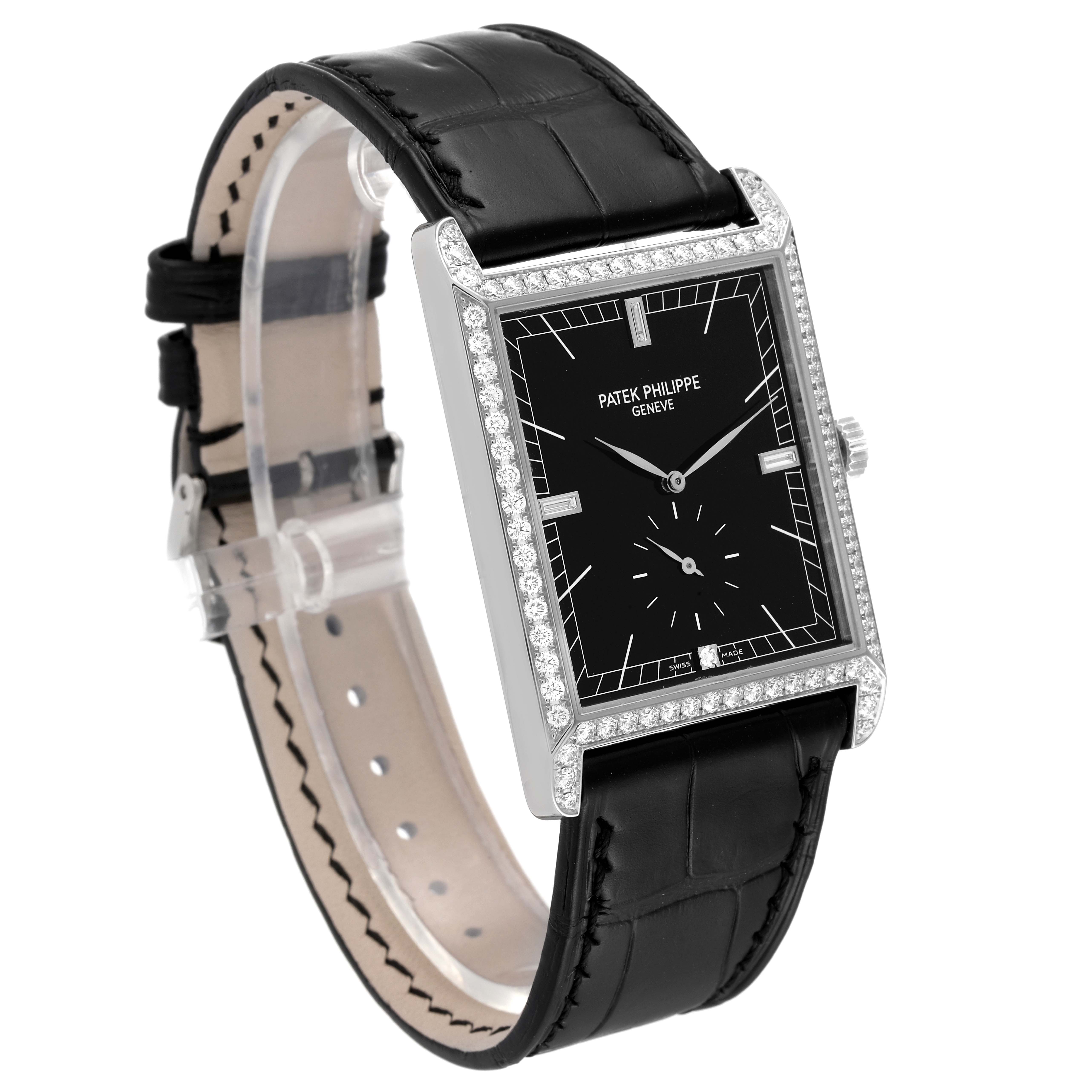 The image shows a Patek Philippe Gondolo 5112 Men's White Gold Black Dial 5112 Men's White Gold Black Dial watch at a three-quarter angle, displaying the black dial, diamond-studded bezel, and black leather strap.