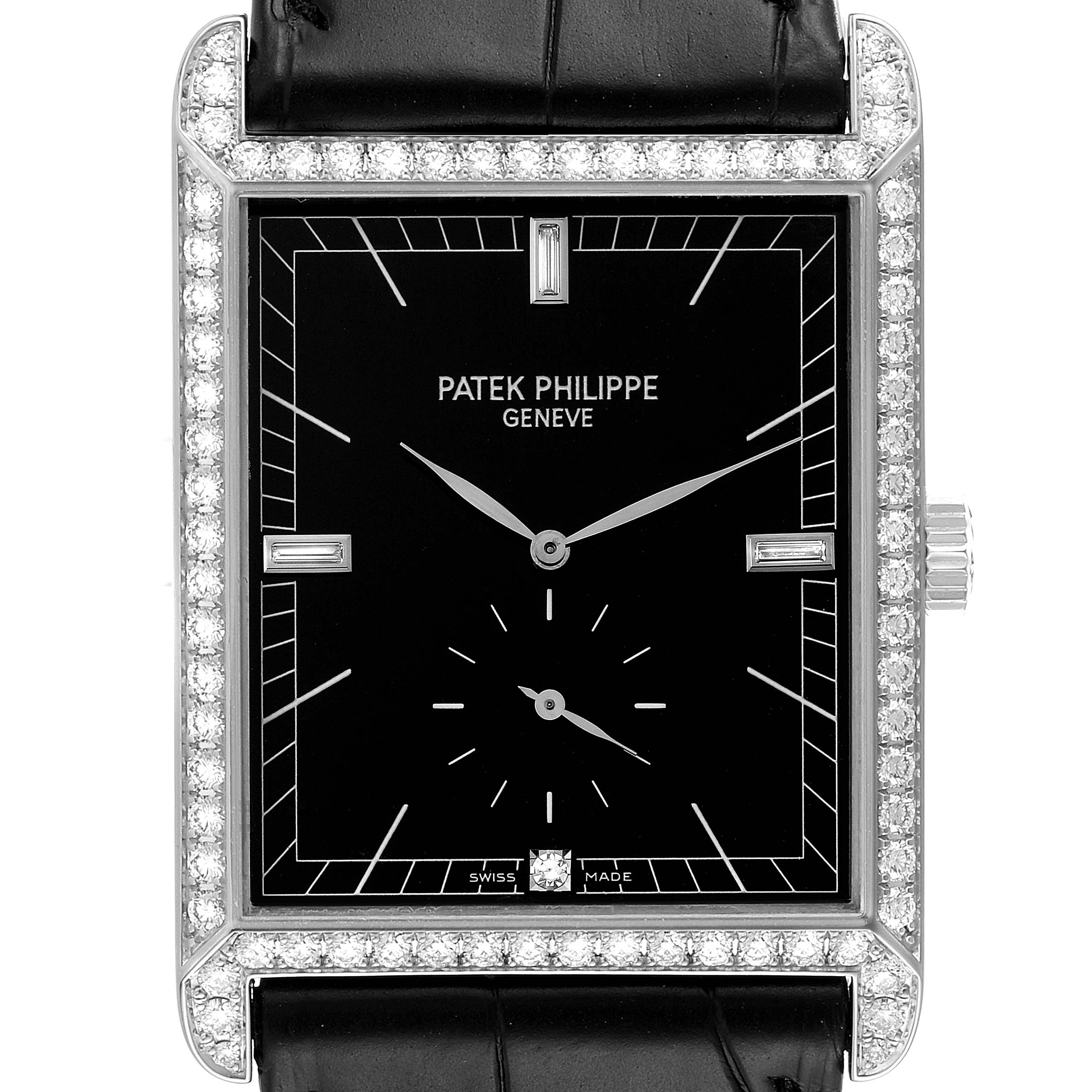 The image shows a front view of the Patek Philippe Gondolo 5112 Men's White Gold Black Dial 5112 Men's White Gold Black Dial watch, highlighting its rectangular face with a diamond-studded bezel and black leather strap.