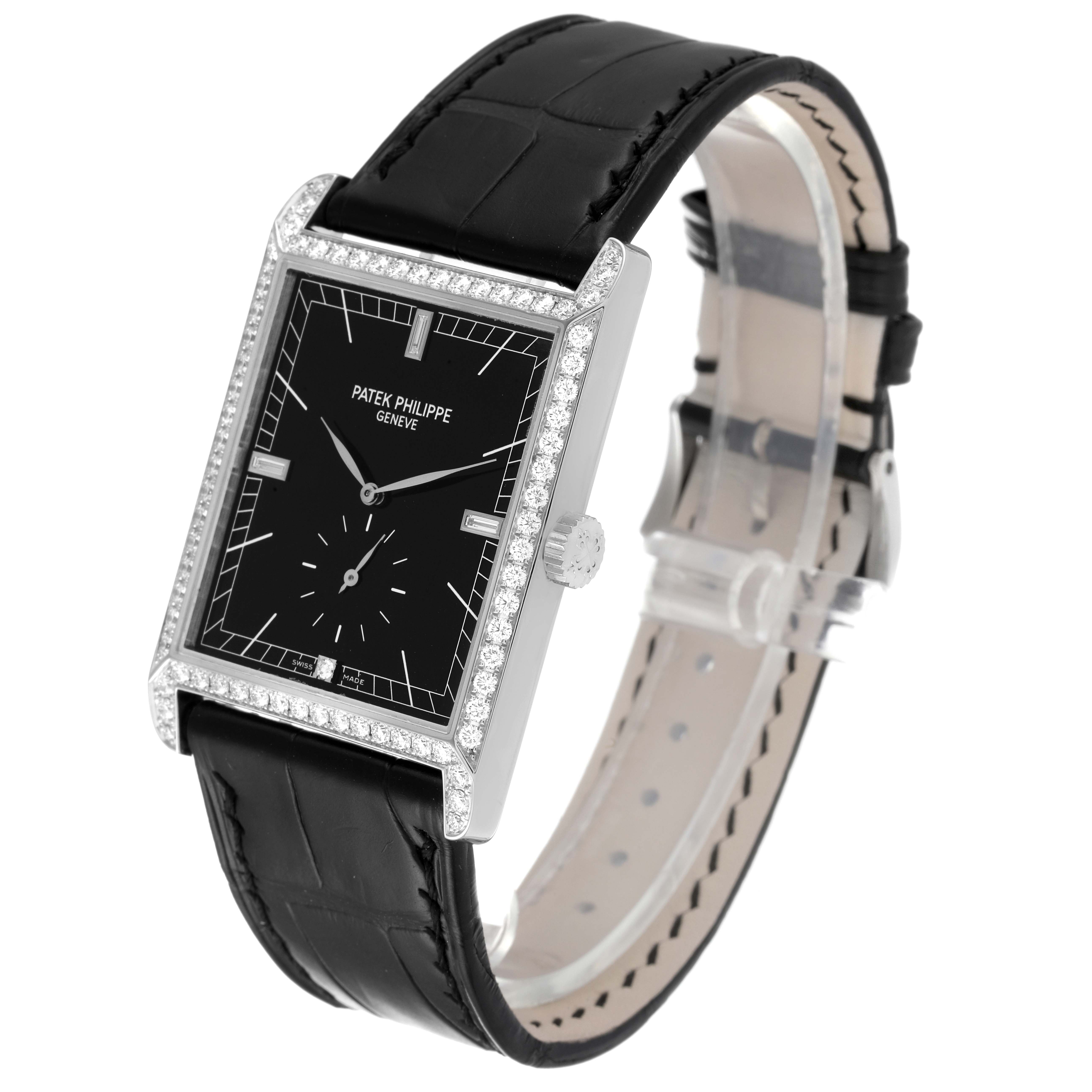 The image shows a Patek Philippe Gondolo 5112 Men's White Gold Black Dial 5112 Men's White Gold Black Dial watch from a front-left angle, featuring a black dial, diamond bezel, and black leather strap.