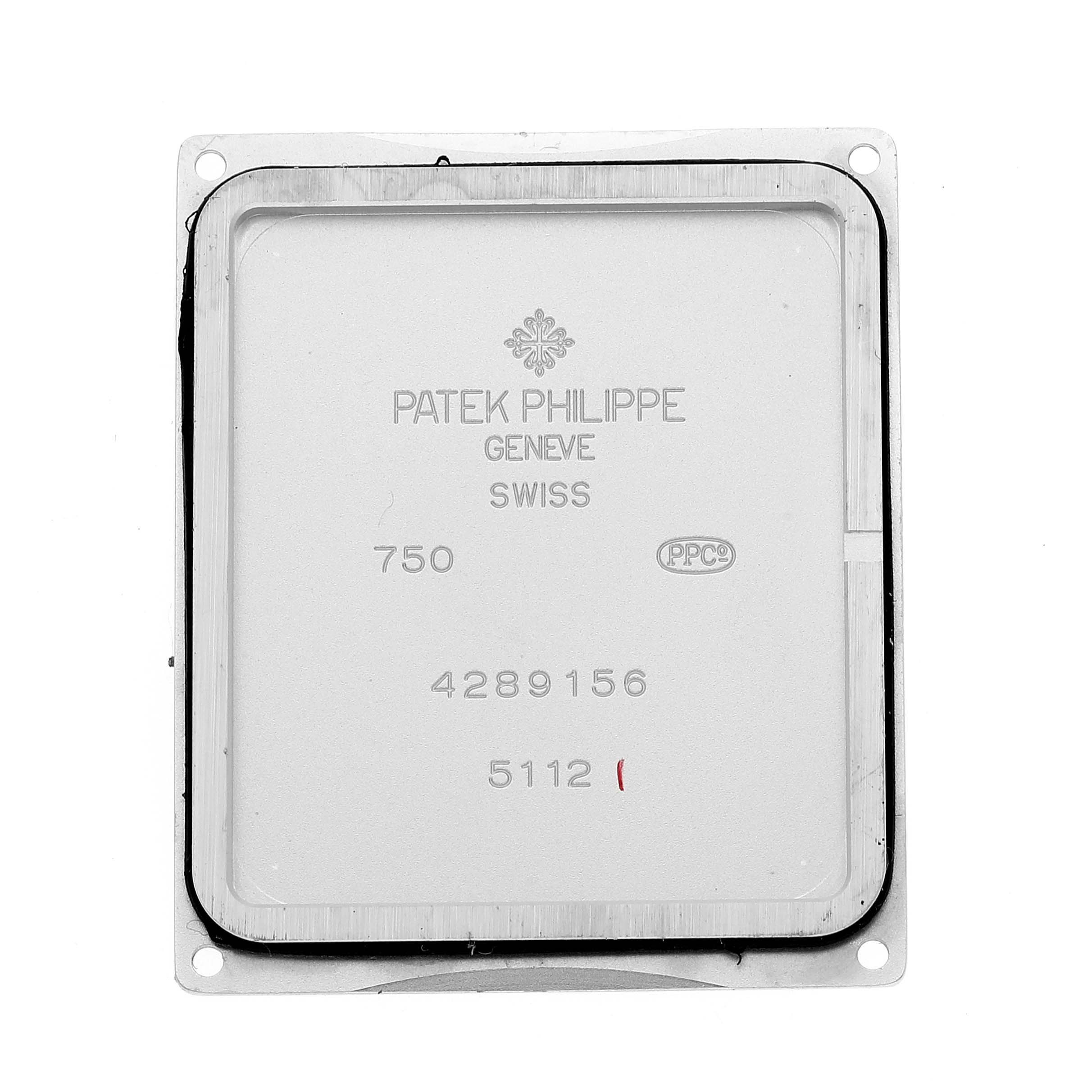 The image shows the back cover of a Patek Philippe Gondolo 5112 Men's White Gold Black Dial 5112 Men's White Gold Black Dial watch, featuring engravings with model details.