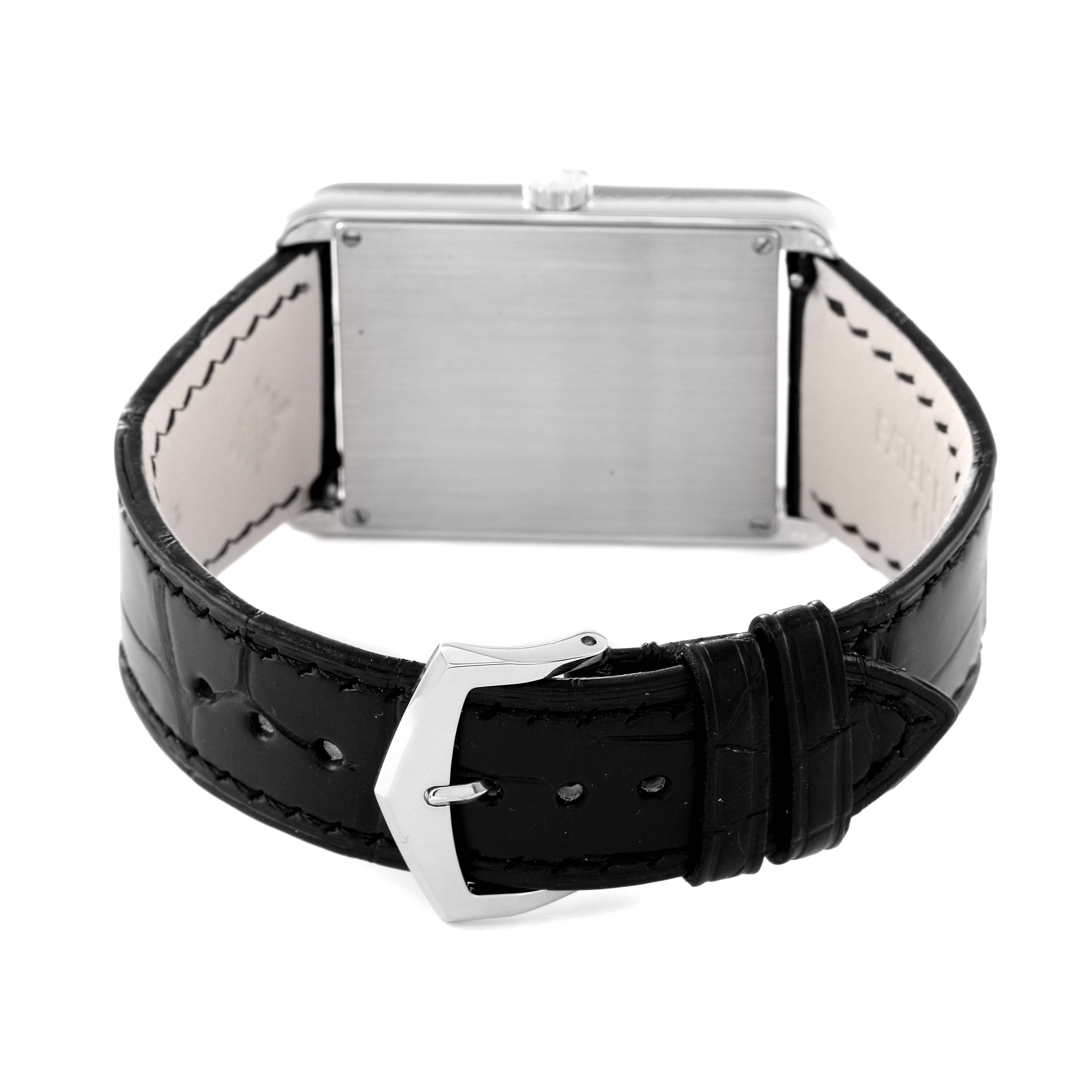 The image shows the back and strap of a Patek Philippe Gondolo 5112 Men's White Gold Black Dial 5112 Men's White Gold Black Dial watch, showcasing its clasp and the back plate of the case.