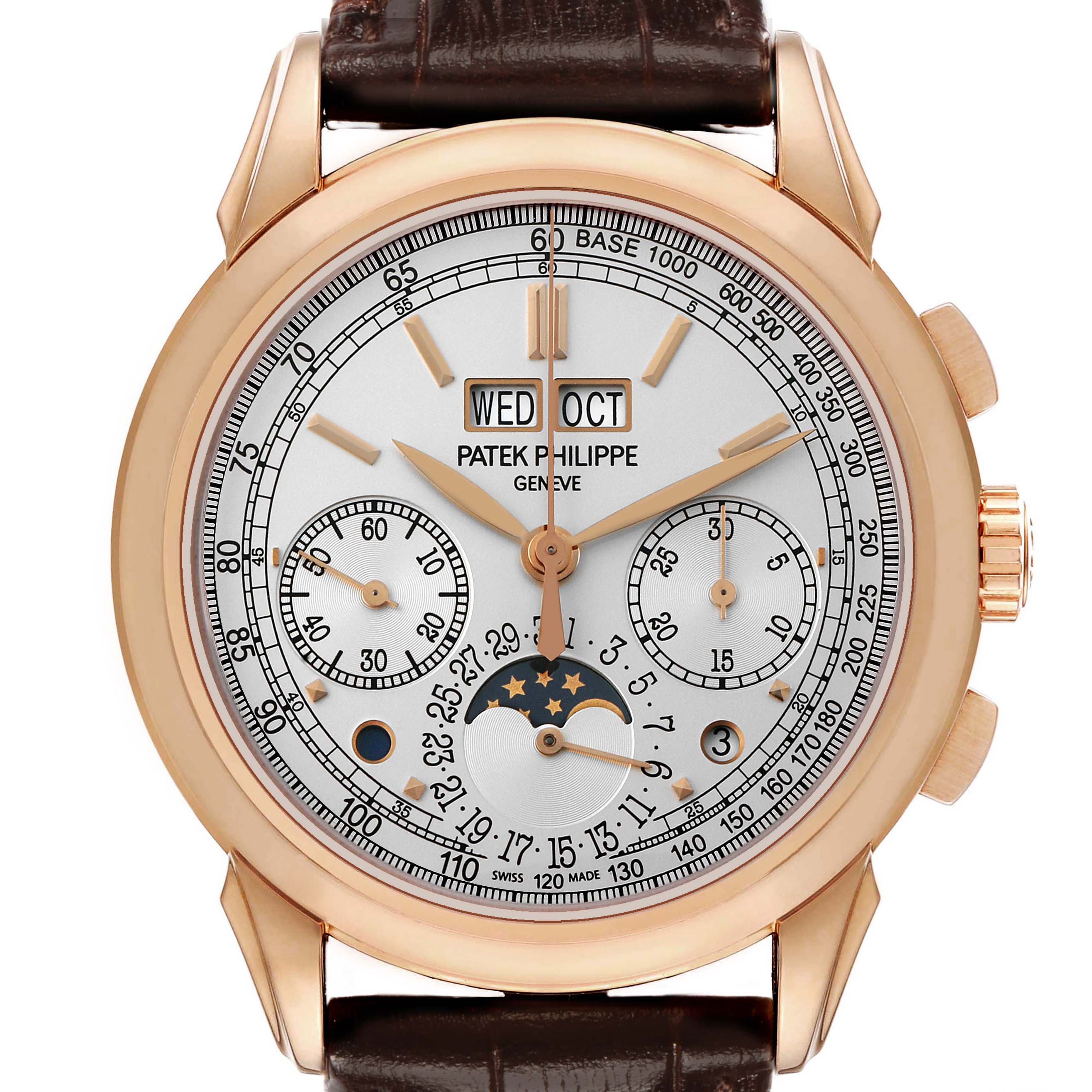 The image shows a frontal view of the Patek Philippe Complications 5270R-001 Men's Rose Gold Silver Dial watch, highlighting its dial, sub-dials, and moon phase feature.