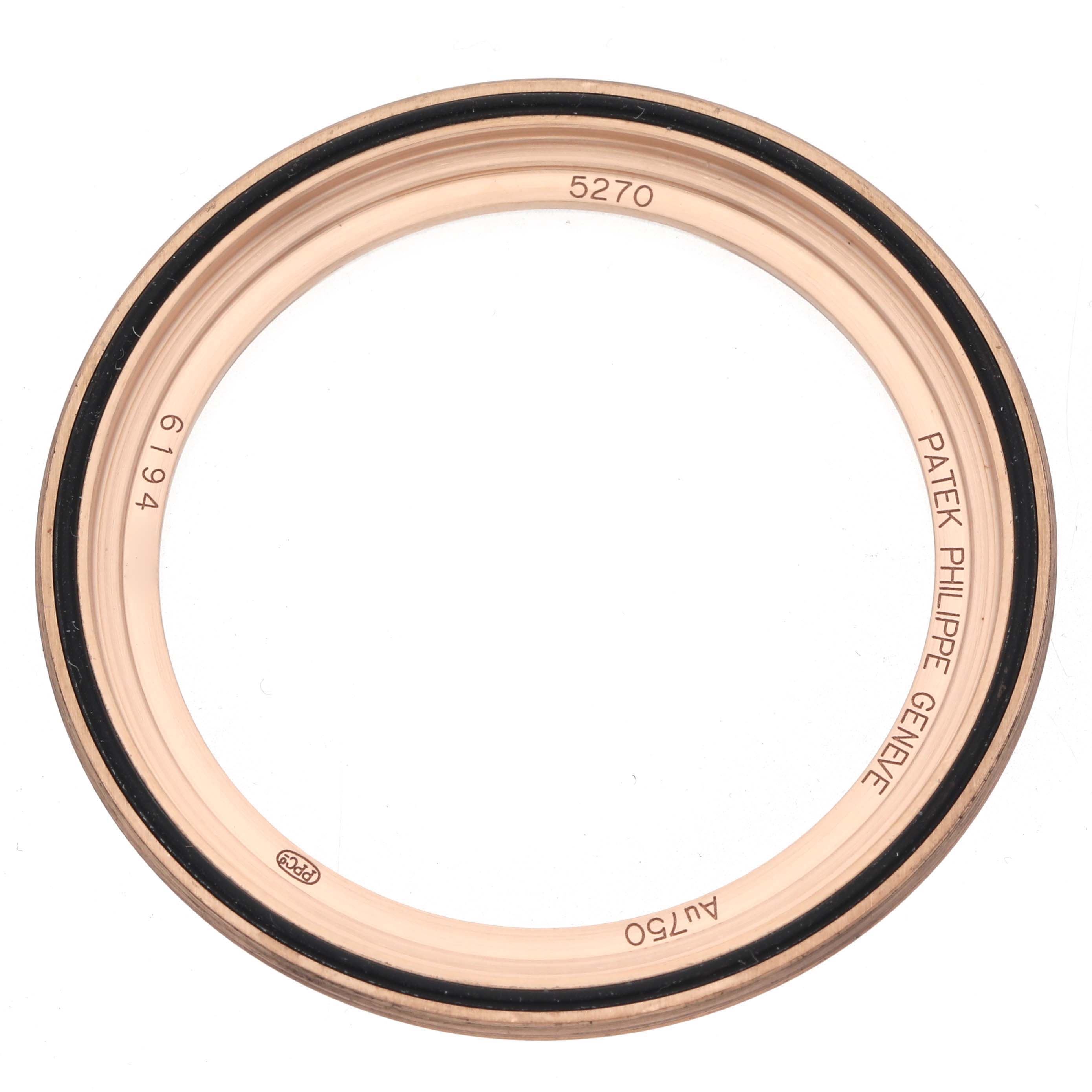 The image shows a round bezel for the Patek Philippe Complications 5270R-001 Men's Rose Gold Silver Dial model, viewed from above, displaying engraved details.