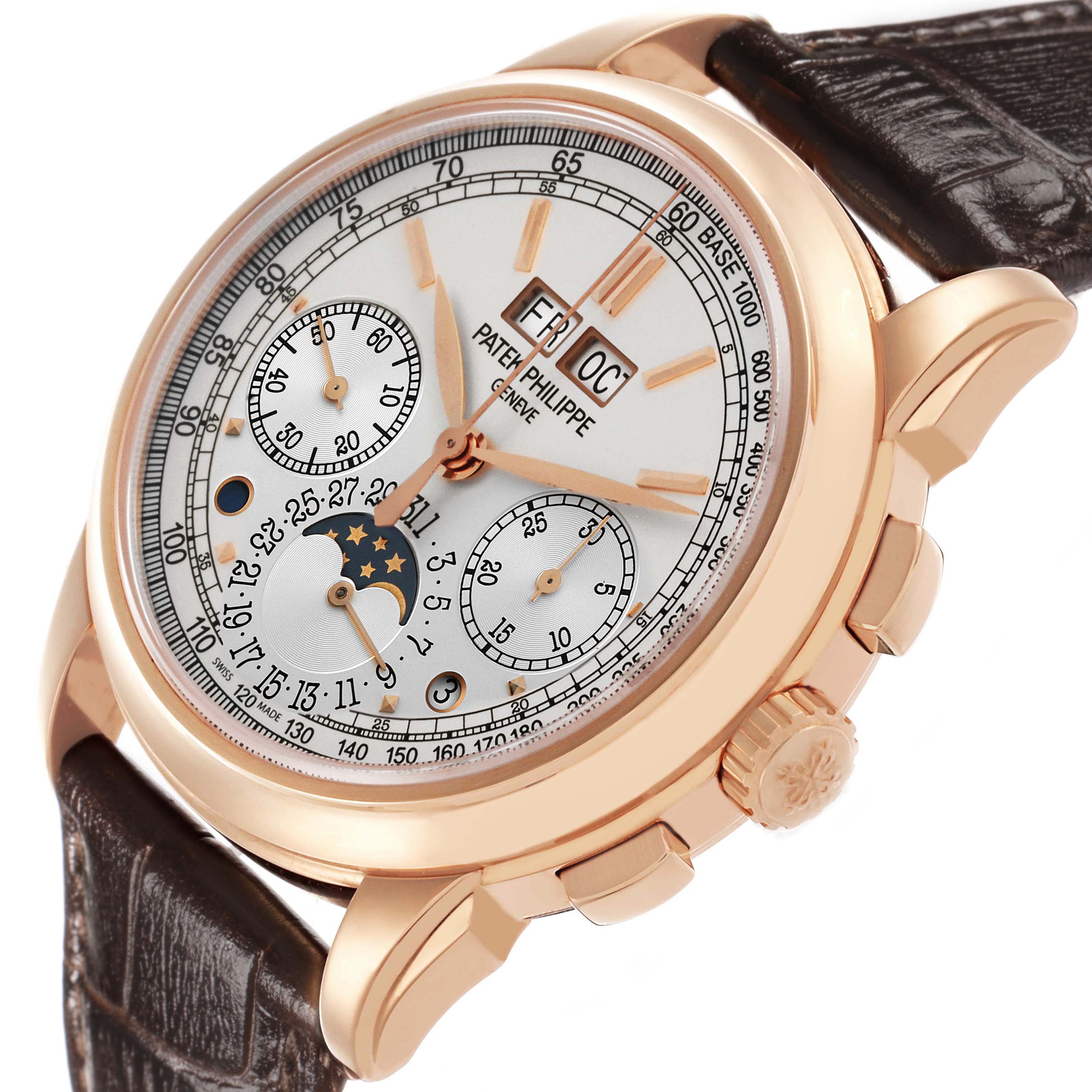 The Patek Philippe Complications 5270R-001 Men's Rose Gold Silver Dial watch is shown at a slight angle, revealing its face, side buttons, and leather strap attachment.