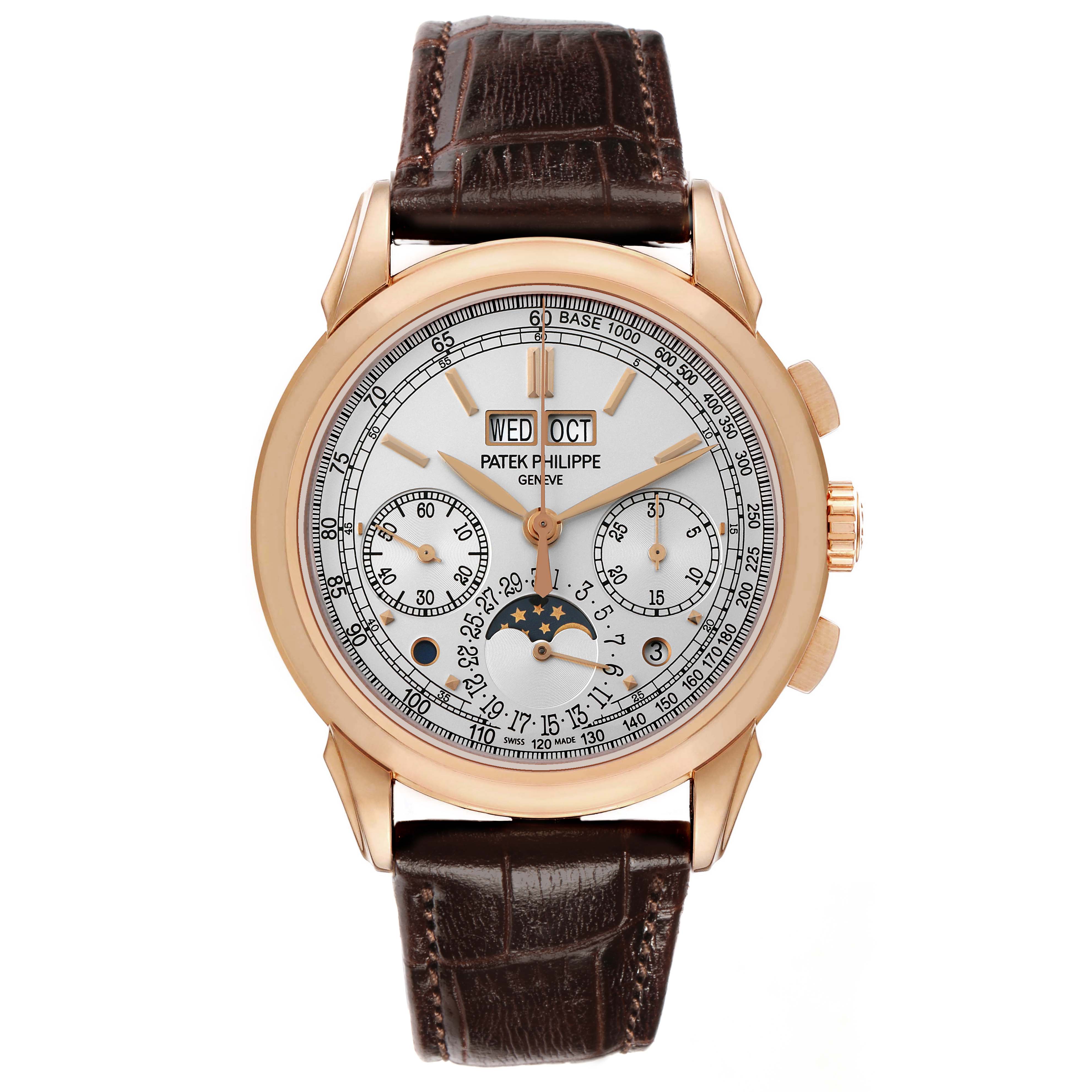 The Patek Philippe Complications 5270R-001 Men's Rose Gold Silver Dial watch is shown from the front, displaying its face, subdials, moon phase, and brown leather strap.