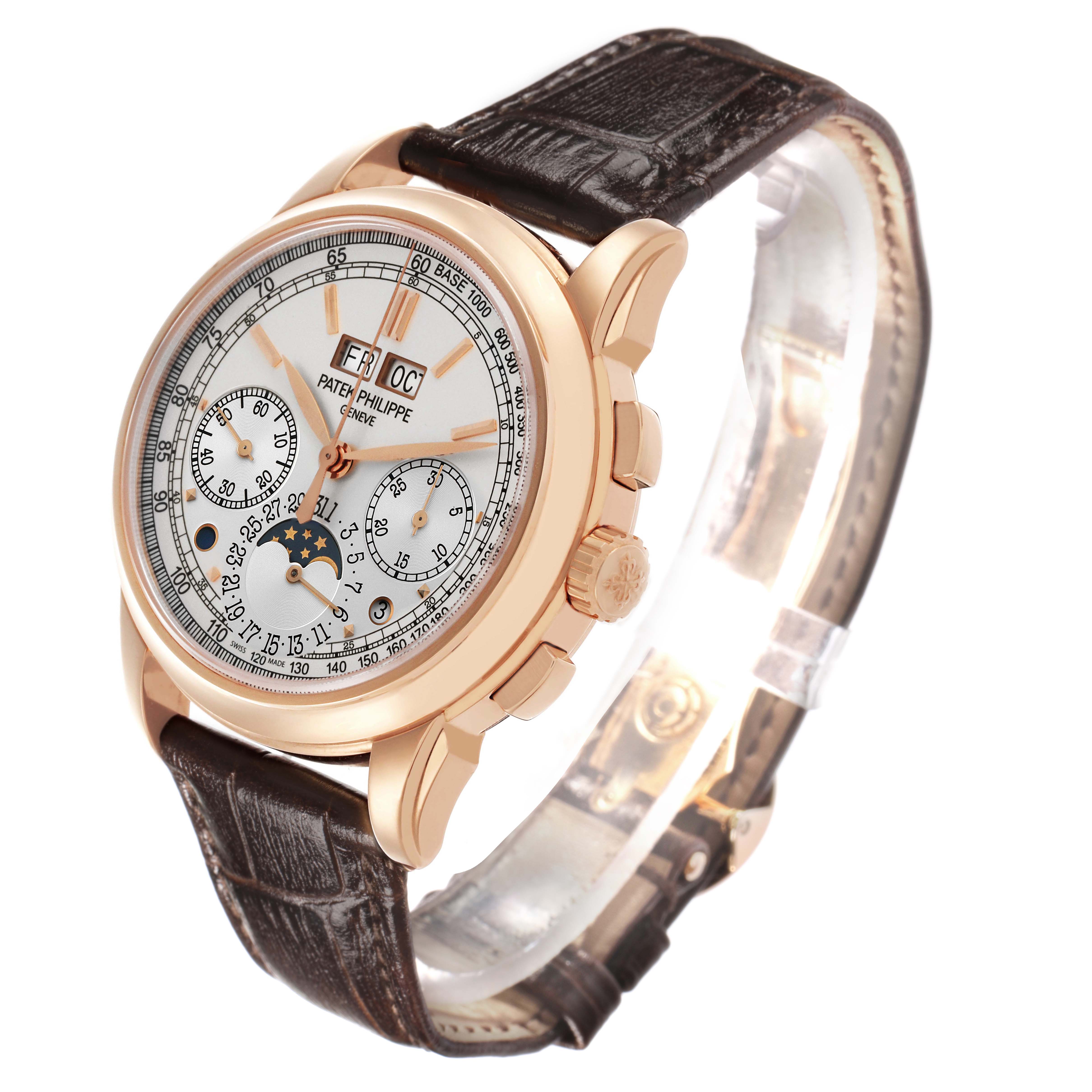 The Patek Philippe Complications 5270R-001 Men's Rose Gold Silver Dial watch is shown at a three-quarter angle, highlighting the dial, bezel, and leather strap.