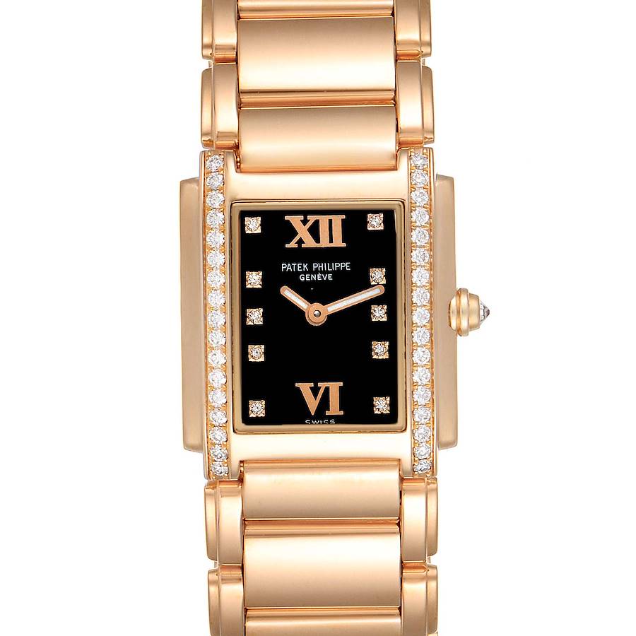 Patek Philippe Twenty-4 Rose Gold Black Dial Diamond Watch 4910 Papers SwissWatchExpo