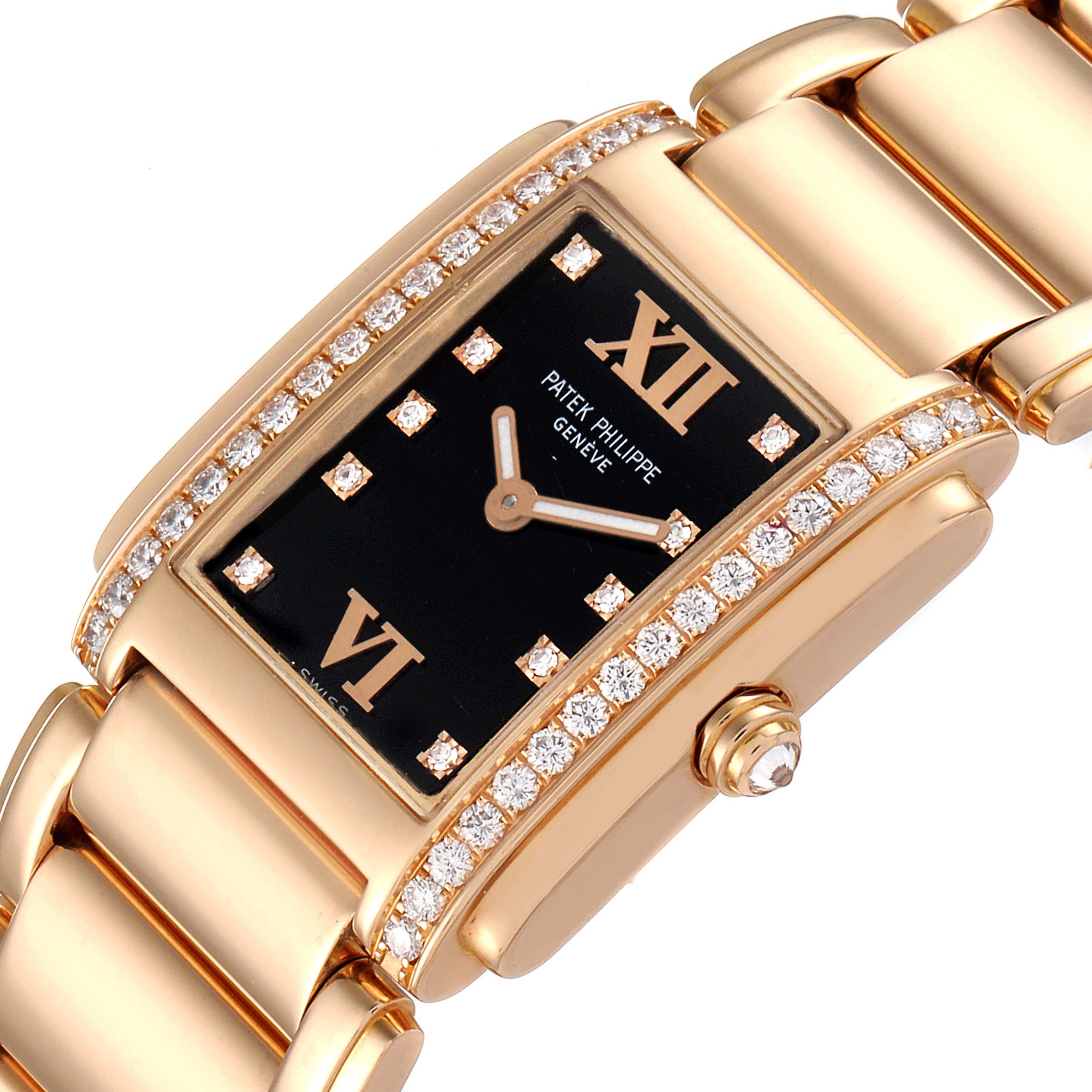 This image shows a close-up of the dial and part of the bracelet of a Patek Philippe Twenty-4 4910/11R Women
s Rose Gold Black Dial 4910/11R Women
s Rose Gold Black Dial watch.