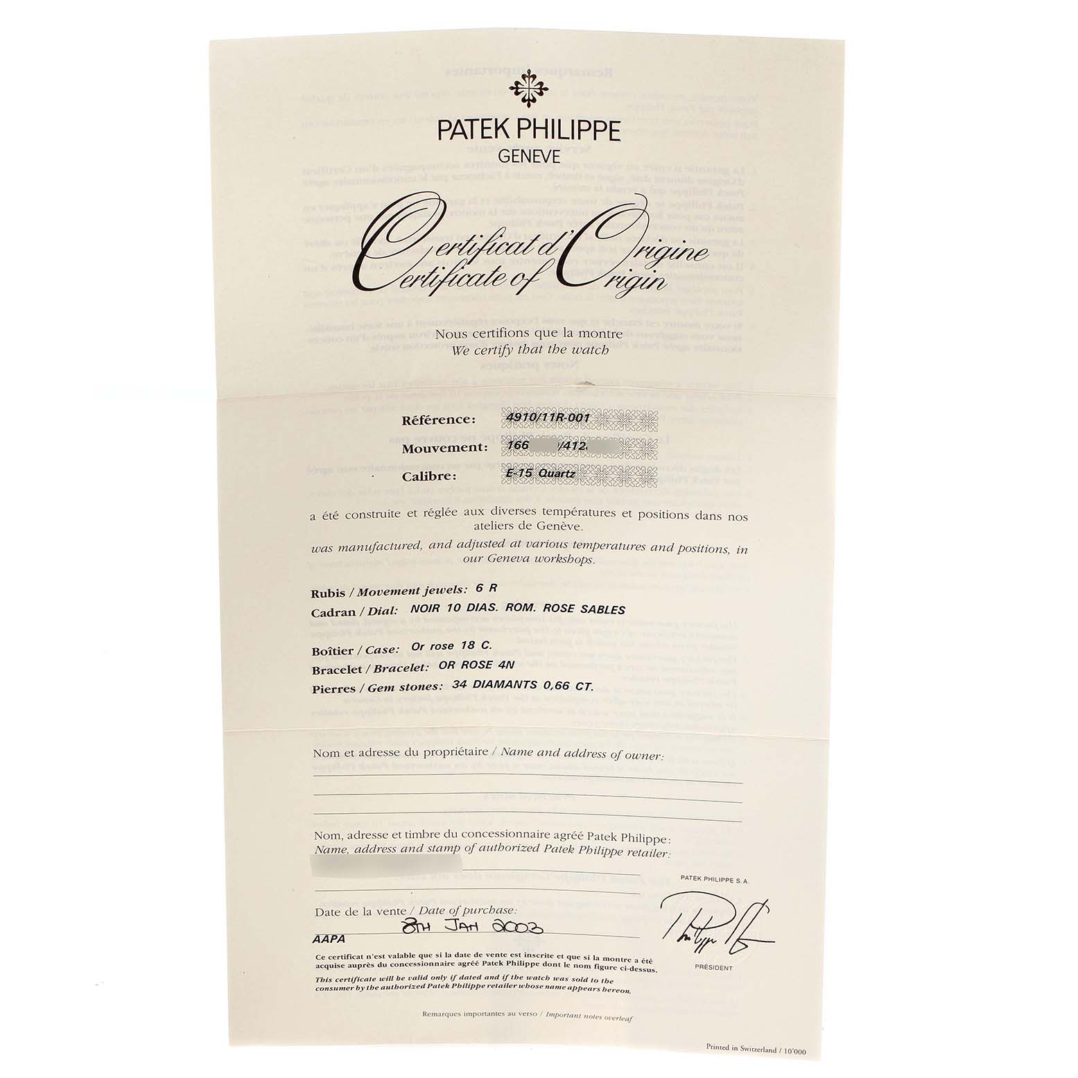 The image shows a Certificate of Origin for a Patek Philippe Twenty-4 4910/11R Women
s Rose Gold Black Dial 4910/11R Women
s Rose Gold Black Dial watch, viewed from a straightforward angle.