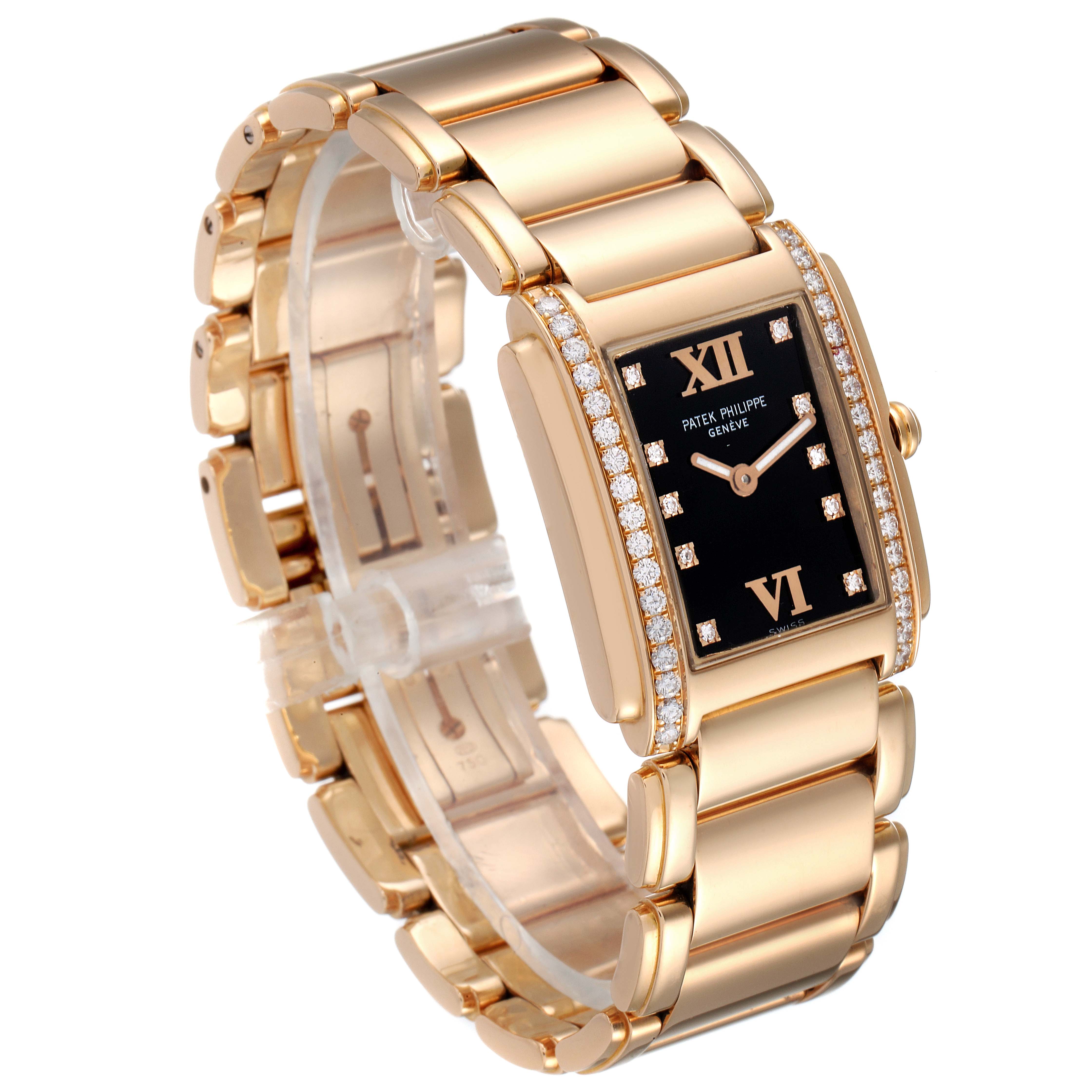 The image shows a side angle of the Patek Philippe Twenty-4 4910/11R Women
s Rose Gold Black Dial 4910/11R Women
s Rose Gold Black Dial watch, highlighting its bracelet and diamond-adorned rectangular dial.