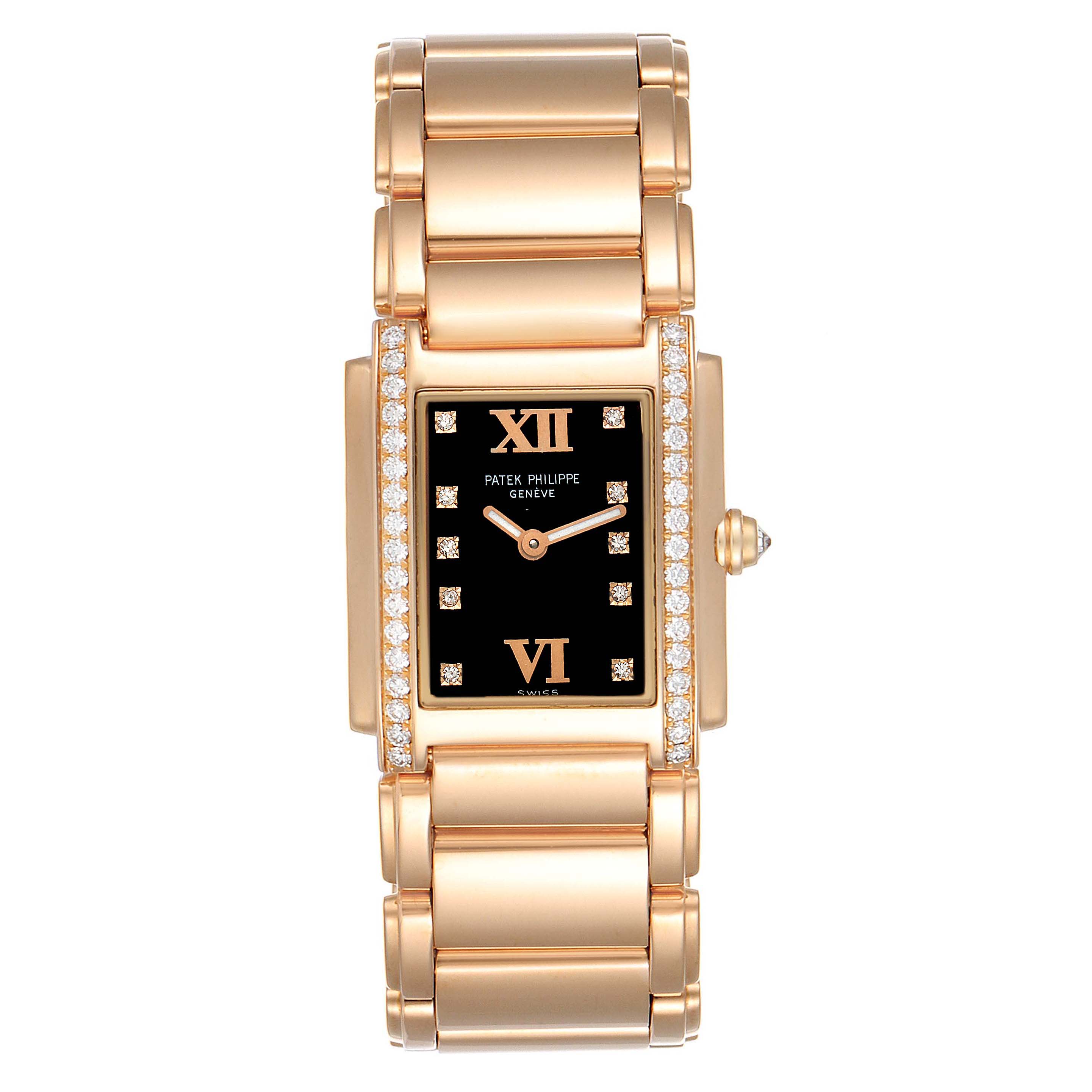 This image shows a front view of the Patek Philippe Twenty-4 4910/11R Women
s Rose Gold Black Dial 4910/11R Women
s Rose Gold Black Dial watch, displaying its black dial, diamond accents, and gold bracelet.