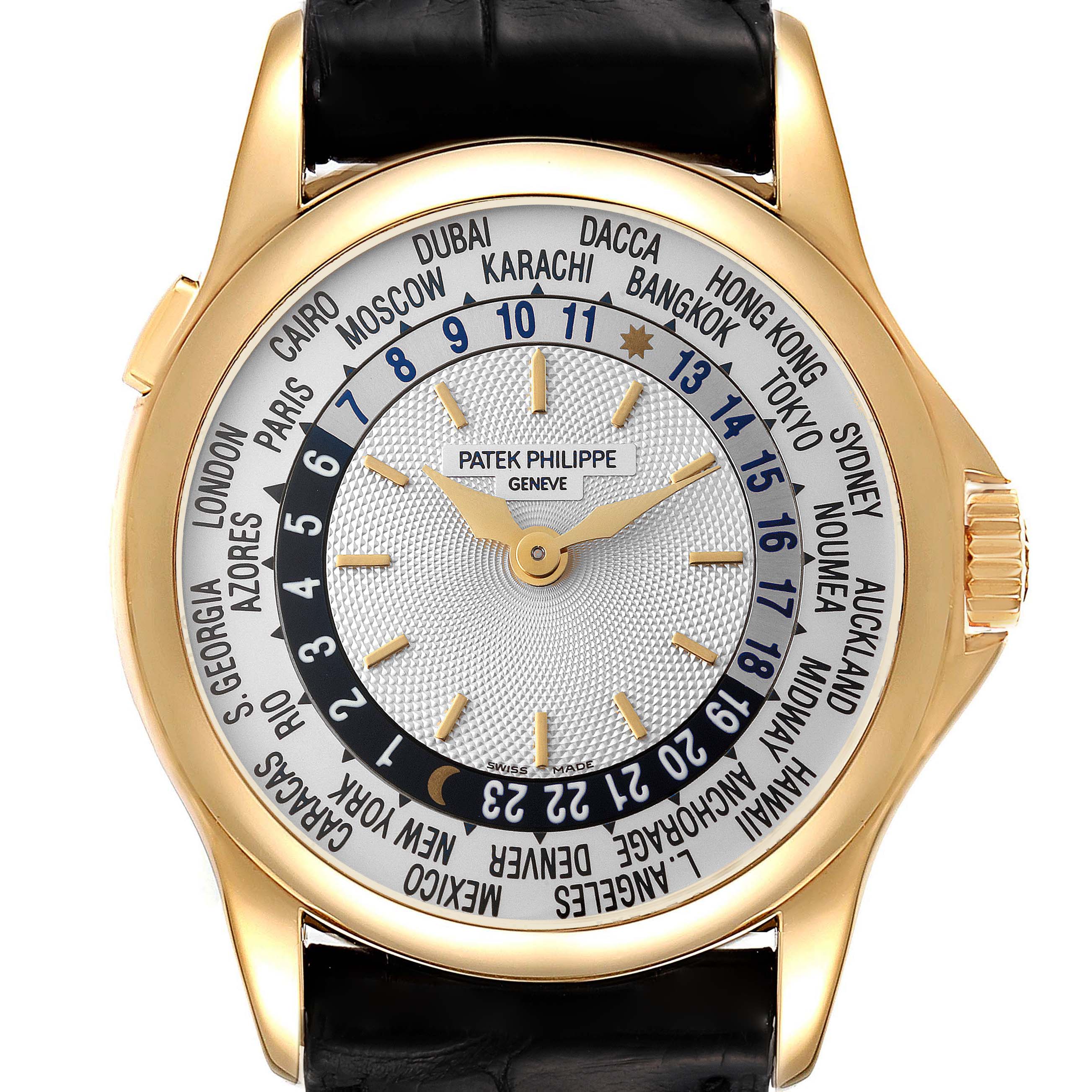 This image shows the front view of a Patek Philippe Complications 5110 Men's Yellow Gold Silver Dial 5110 Men's Yellow Gold Silver Dial model watch, highlighting the dial and city indicators.