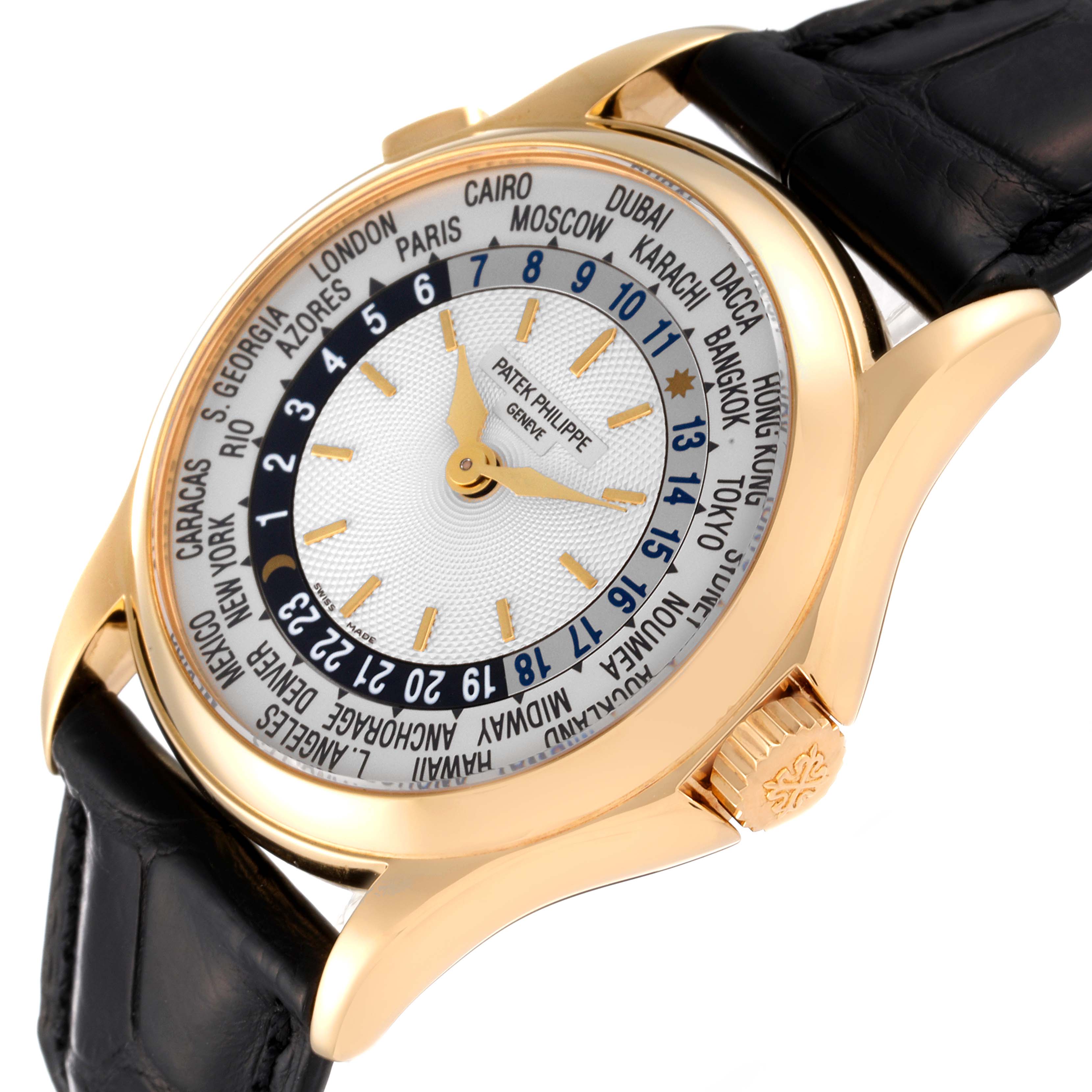 The Patek Philippe Complications 5110 Men's Yellow Gold Silver Dial 5110 Men's Yellow Gold Silver Dial watch is shown at an angle that displays the dial, case, crown, and part of the leather strap.