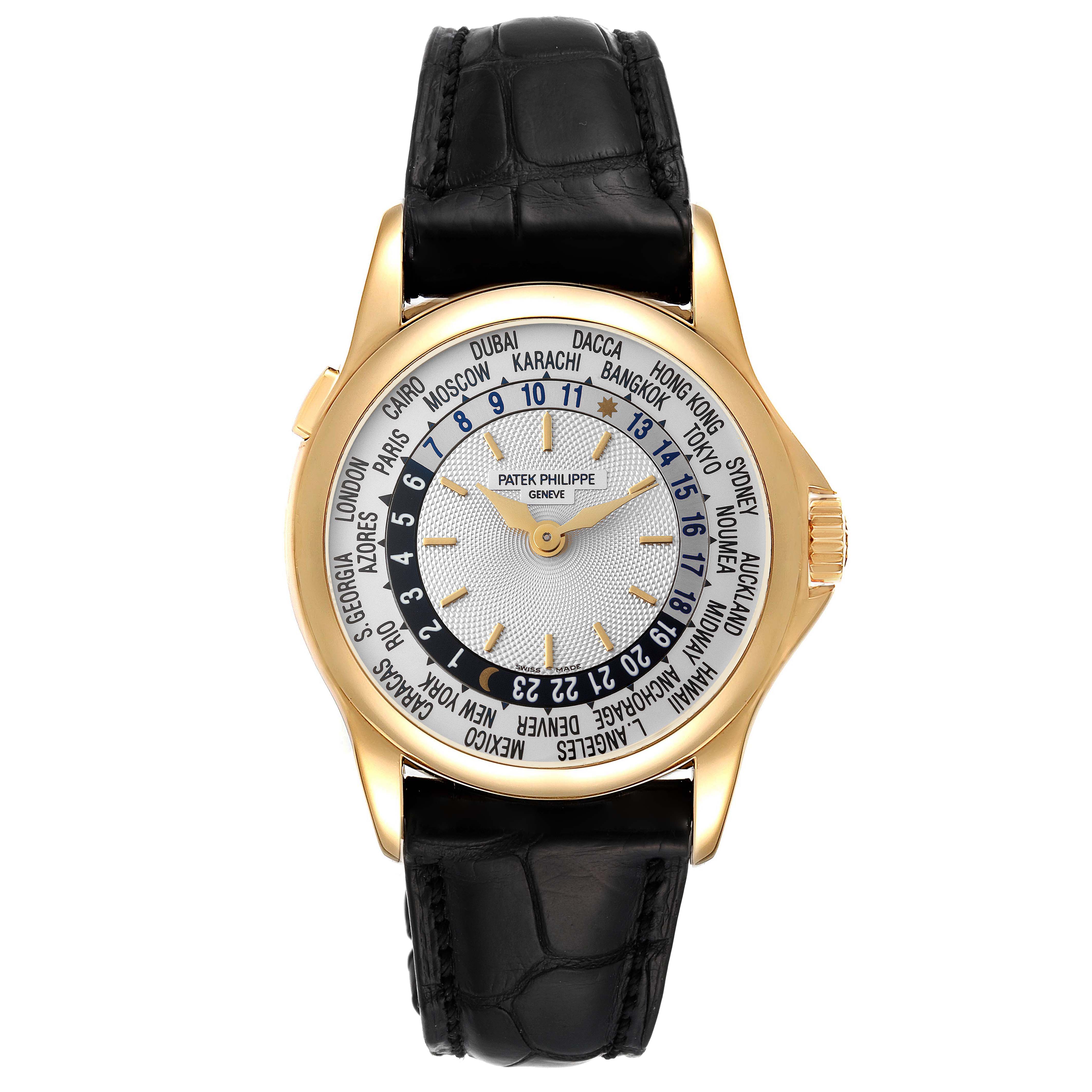 This image shows a front view of the Patek Philippe Complications 5110 Men's Yellow Gold Silver Dial 5110 Men's Yellow Gold Silver Dial model watch with a black leather strap and gold case.