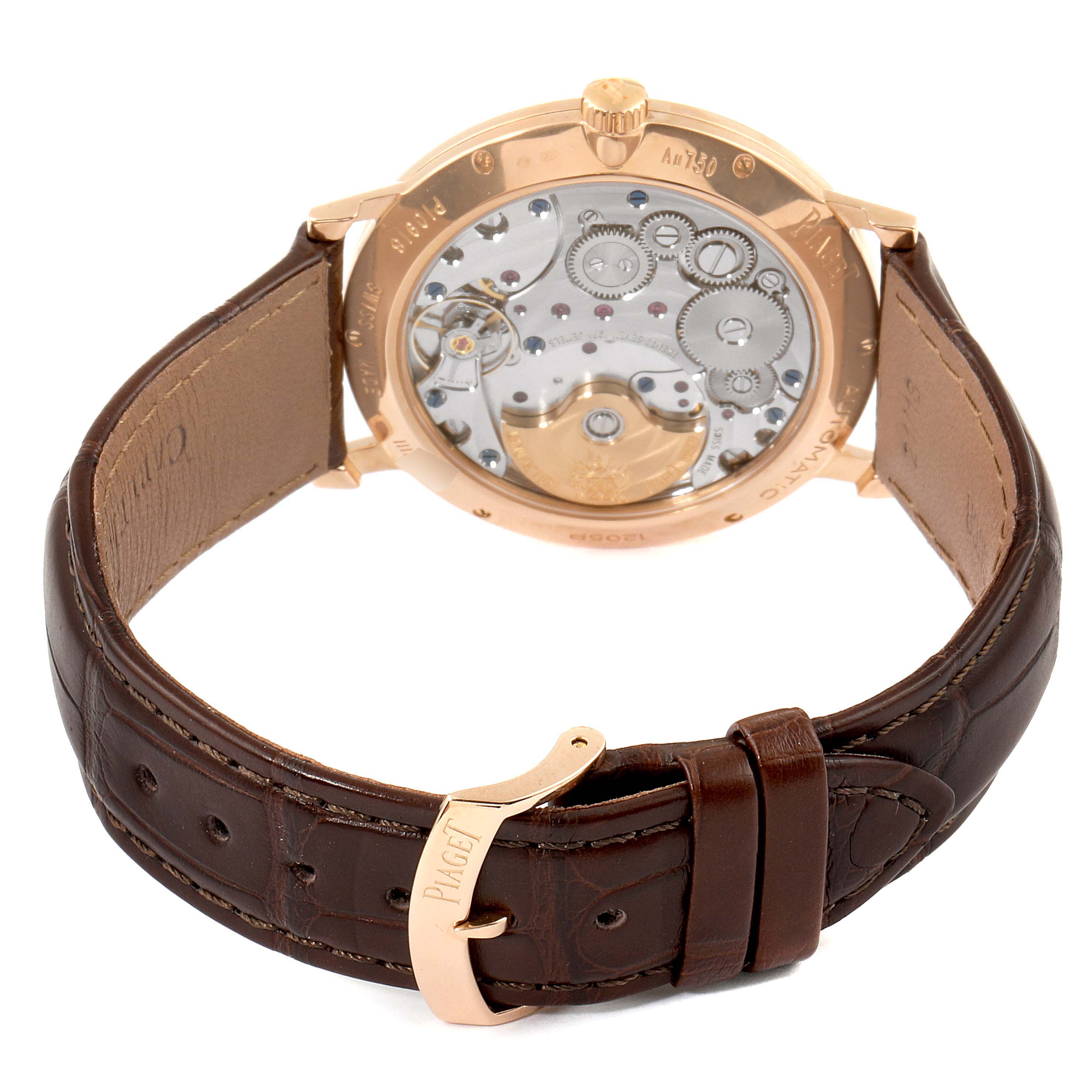 The image shows the back and buckle of the Piaget G0A38131 Men's Rose Gold Silver Dial G0A38131 Men's Rose Gold Silver Dial Altiplano 18K Rose Gold Ultra-Thin Automatic Mens Watch GOA38131.