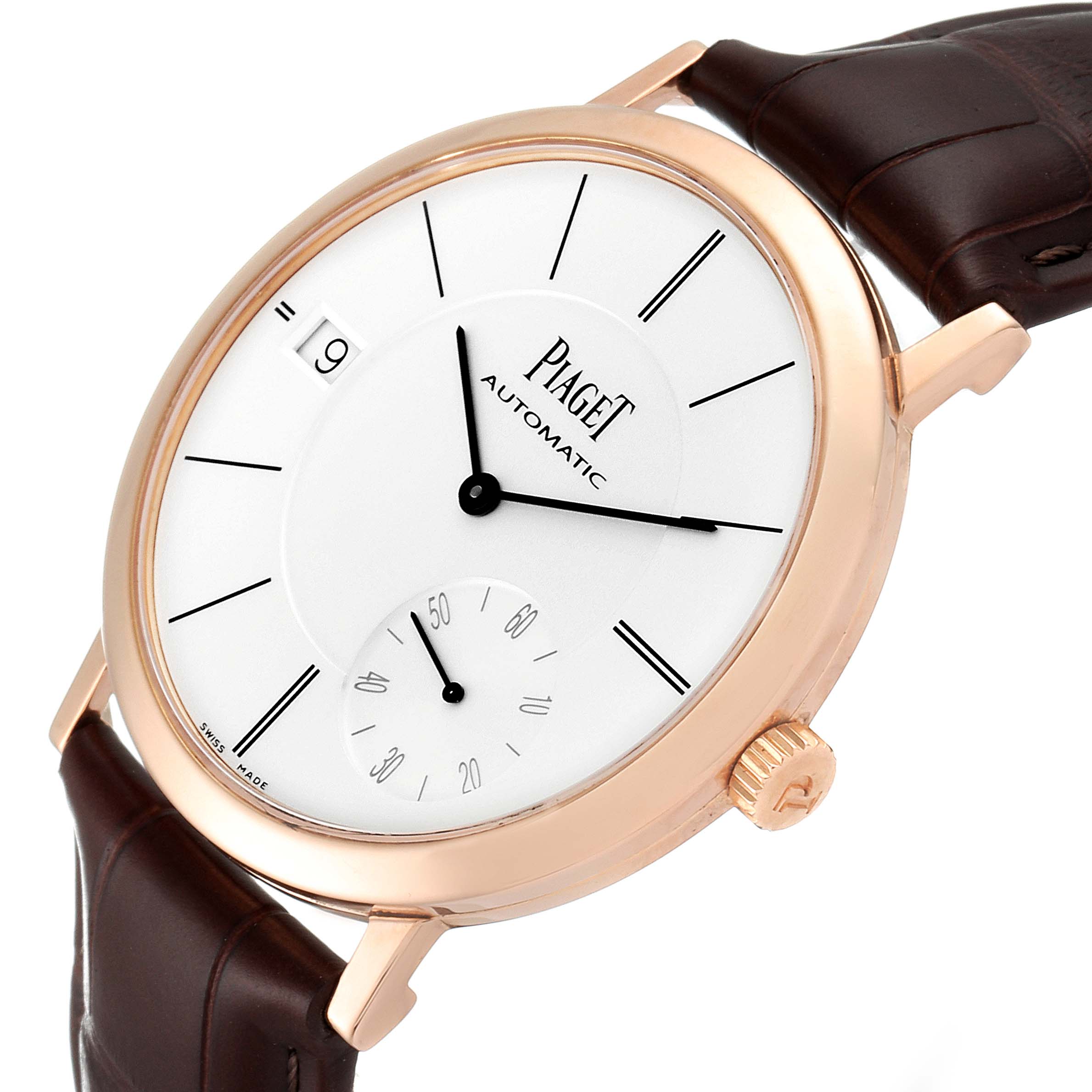 The Piaget G0A38131 Men's Rose Gold Silver Dial G0A38131 Men's Rose Gold Silver Dial Altiplano GOA38131 is shown from a front angle, displaying its 18K rose gold case, white dial, and brown leather strap.