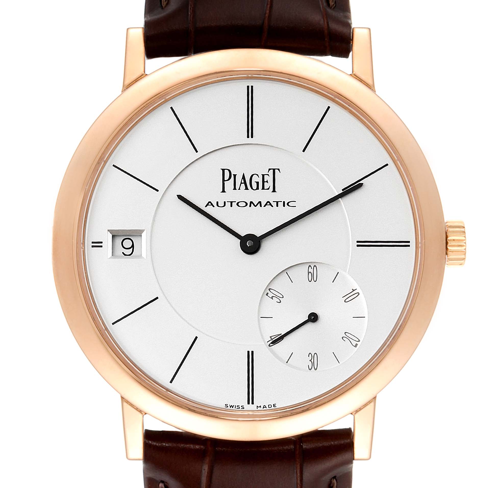 This image shows a front view of the Piaget G0A38131 Men's Rose Gold Silver Dial G0A38131 Men's Rose Gold Silver Dial Altiplano 18K Rose Gold Ultra-Thin Automatic Men's Watch, model GOA38131.
