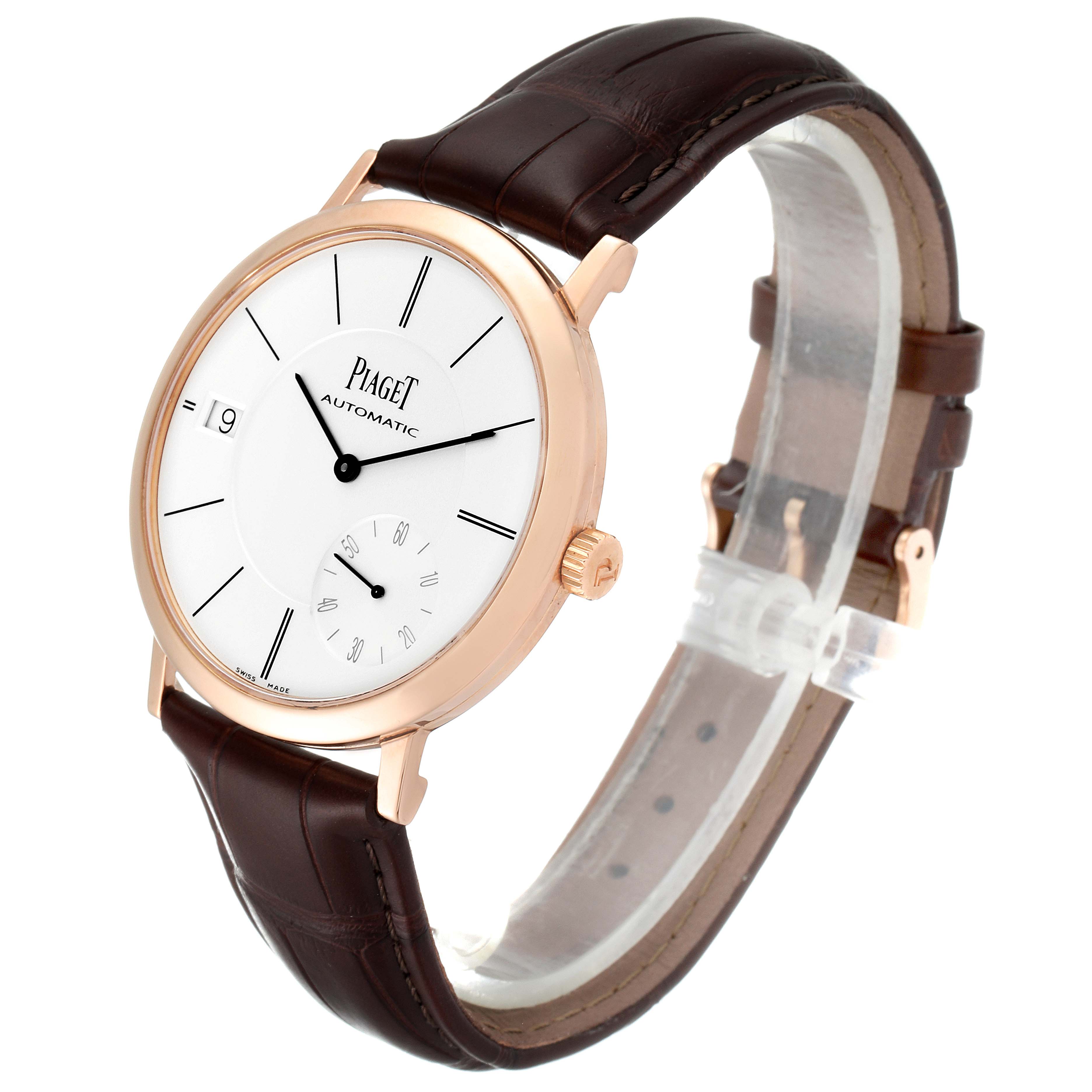 The Piaget G0A38131 Men's Rose Gold Silver Dial G0A38131 Men's Rose Gold Silver Dial Altiplano GOA38131 watch is shown at a three-quarter angle, highlighting its 18K rose gold case and brown leather strap.