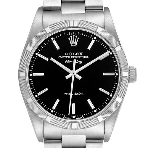 The Rolex Air-King 14010 Men's Stainless Steel Black Dial watch is shown from the front, displaying the dial, bezel, crown, and part of the bracelet.