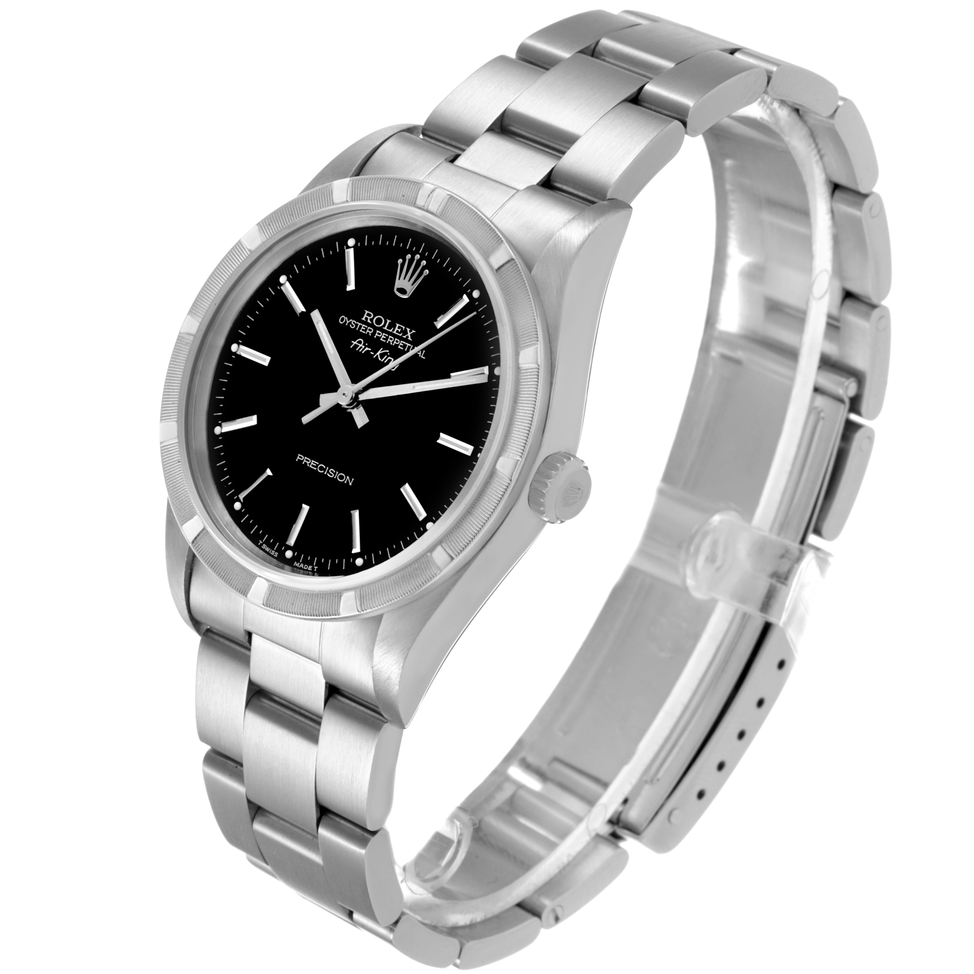 The Rolex Air-King 14010 Men's Stainless Steel Black Dial watch is shown at a three-quarter angle, displaying the bracelet, crown, and face.