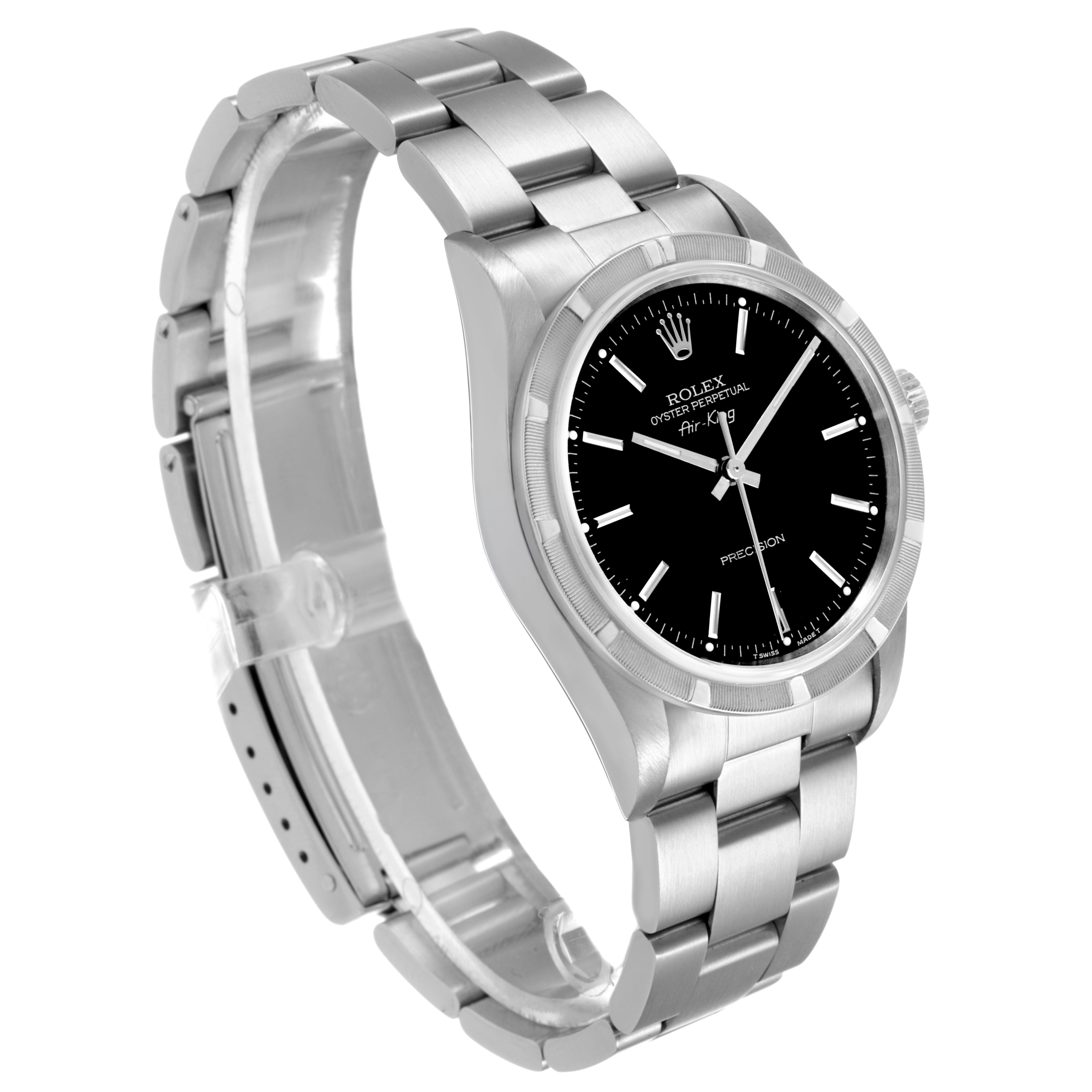 The Rolex Air-King 14010 Men's Stainless Steel Black Dial watch is shown from a 3/4 angle, displaying its face, bezel, and partially opened bracelet.