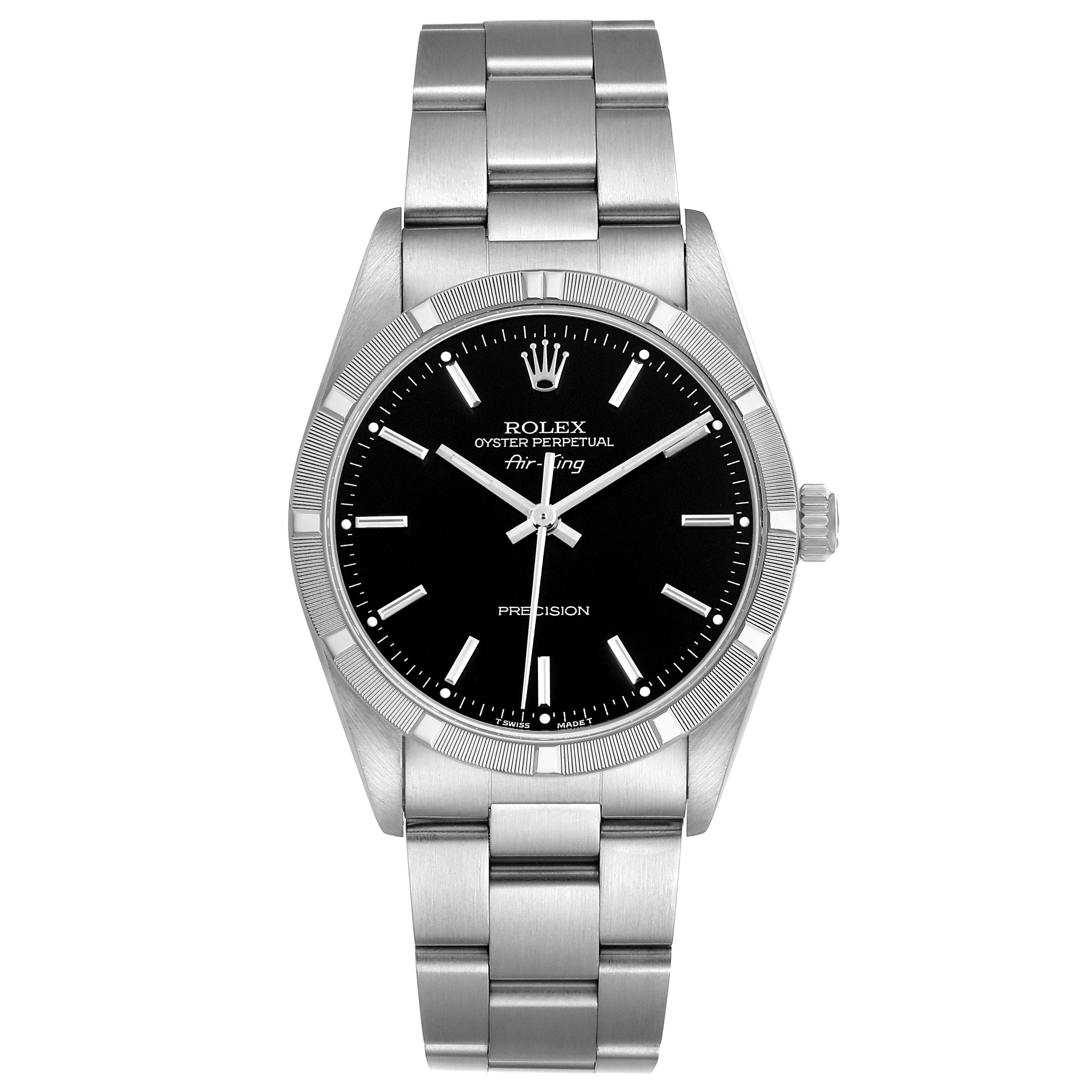 The Rolex Air-King 14010 Men's Stainless Steel Black Dial watch is shown from a direct front angle, displaying the full face, bracelet, and bezel.