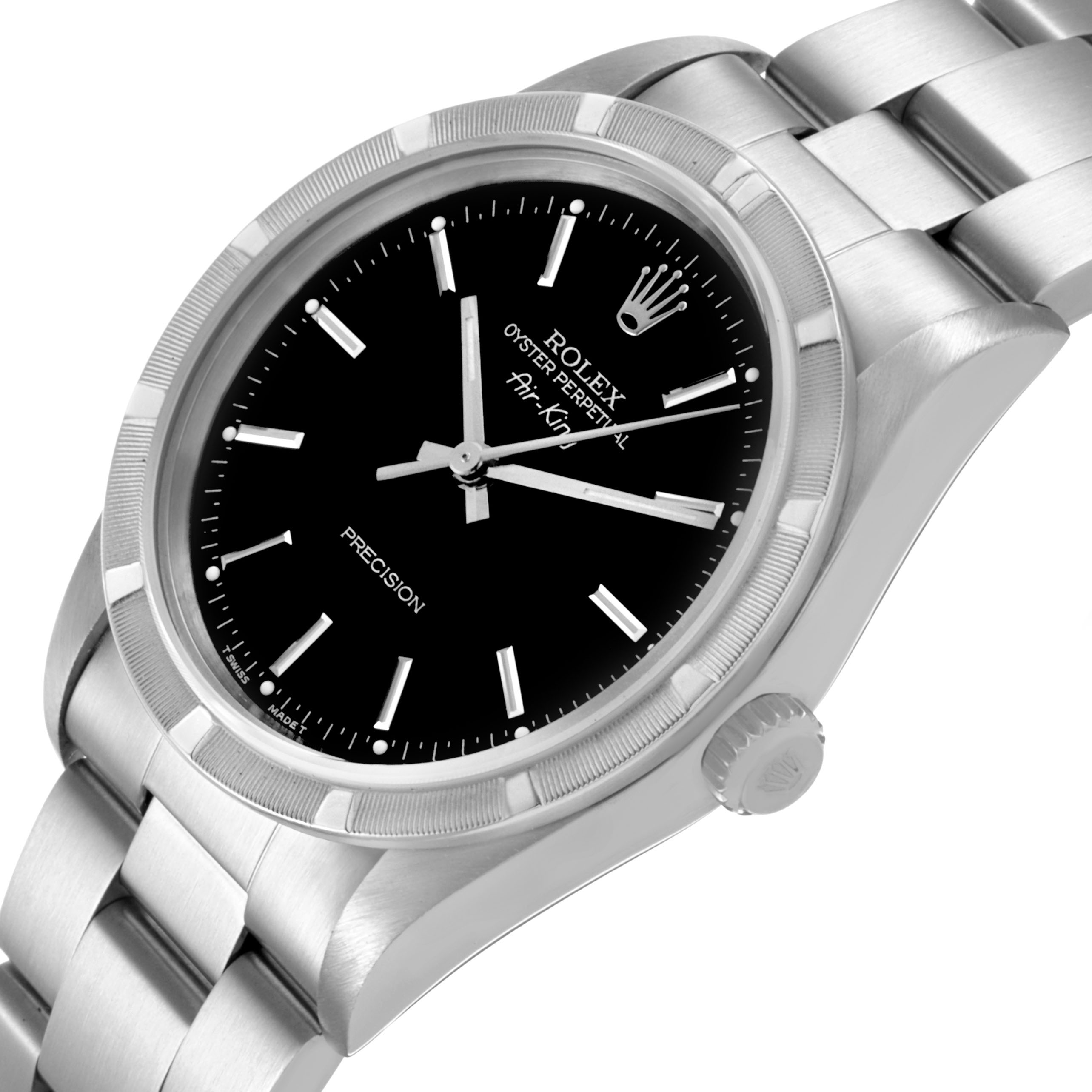 The Rolex Air-King 14010 Men's Stainless Steel Black Dial watch is shown at an angled side view, highlighting its black dial, silver markers, bezel, and bracelet.