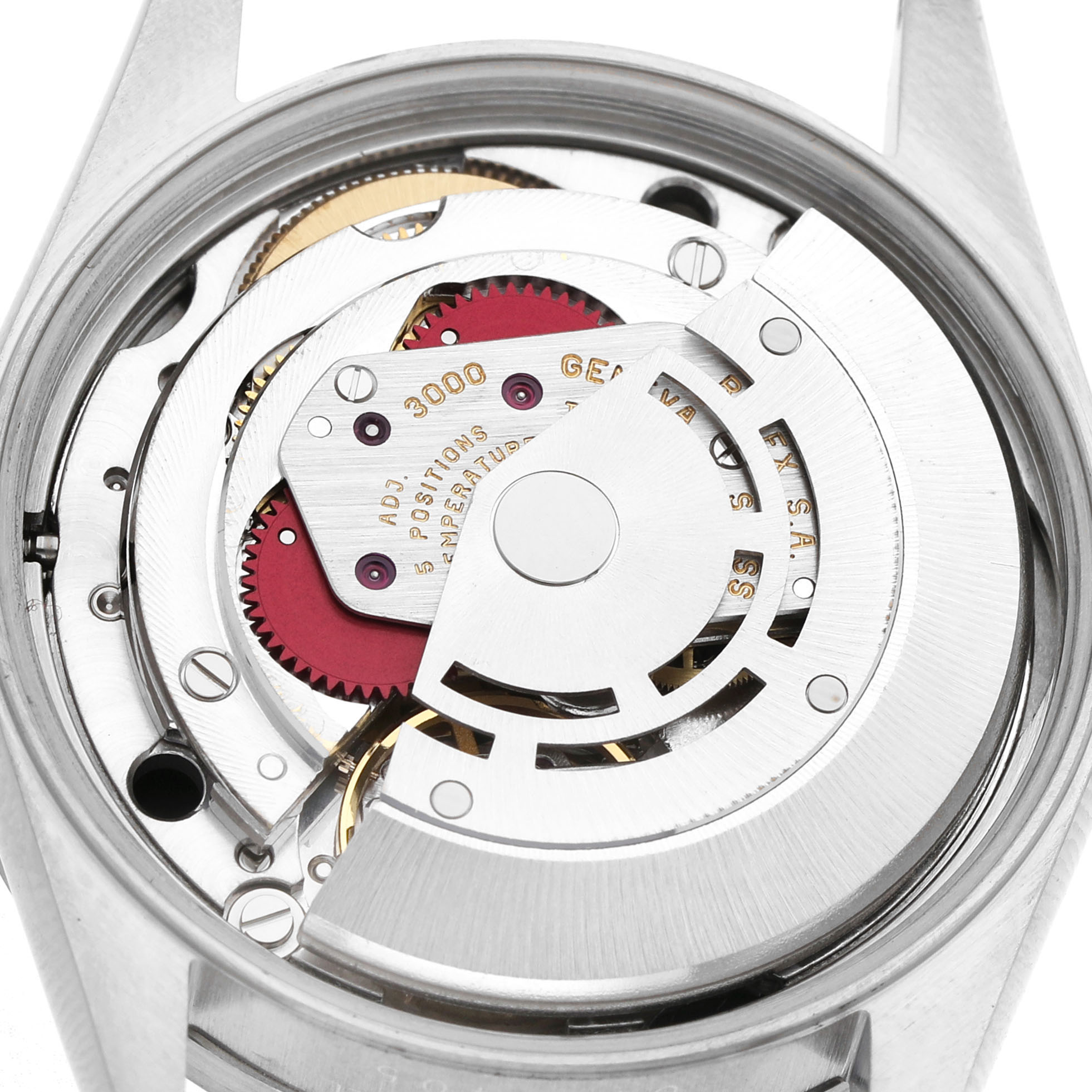 The image shows the movement mechanism of a Rolex Air-King 14010 Men's Stainless Steel Black Dial watch from a top-down angle.