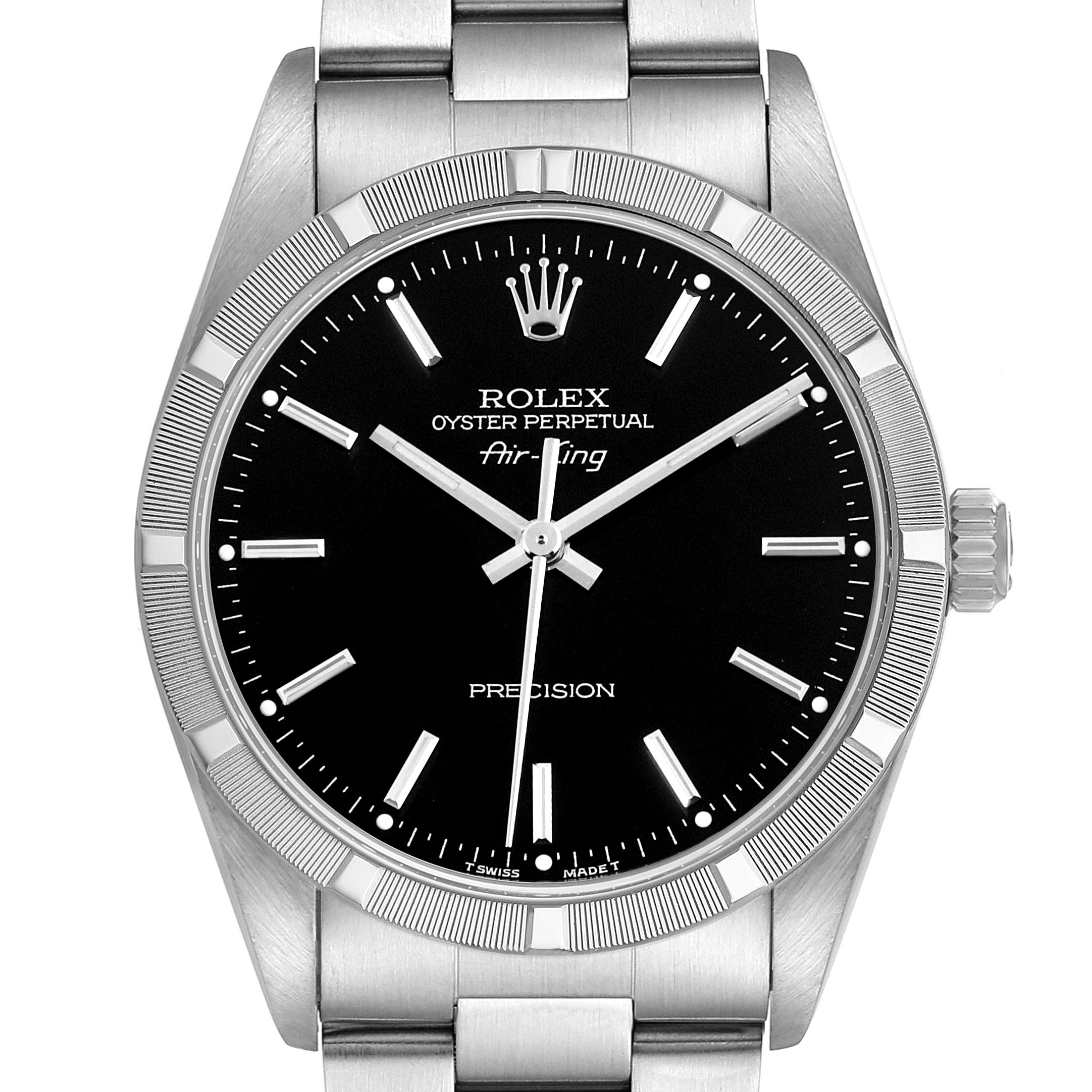 The image shows a front view of a Rolex Air-King 14010 Men's Stainless Steel Black Dial watch, highlighting the dial, hands, bezel, and part of the bracelet.