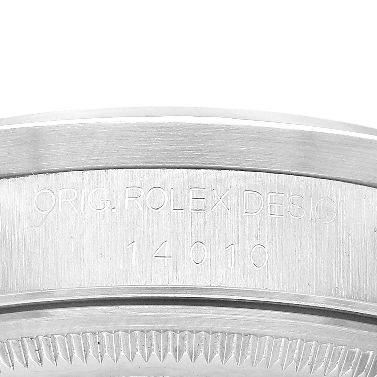 The image shows the side of the Rolex Air-King 14010 Men's Stainless Steel Black Dial watch, focusing on the engraved case design and model number.