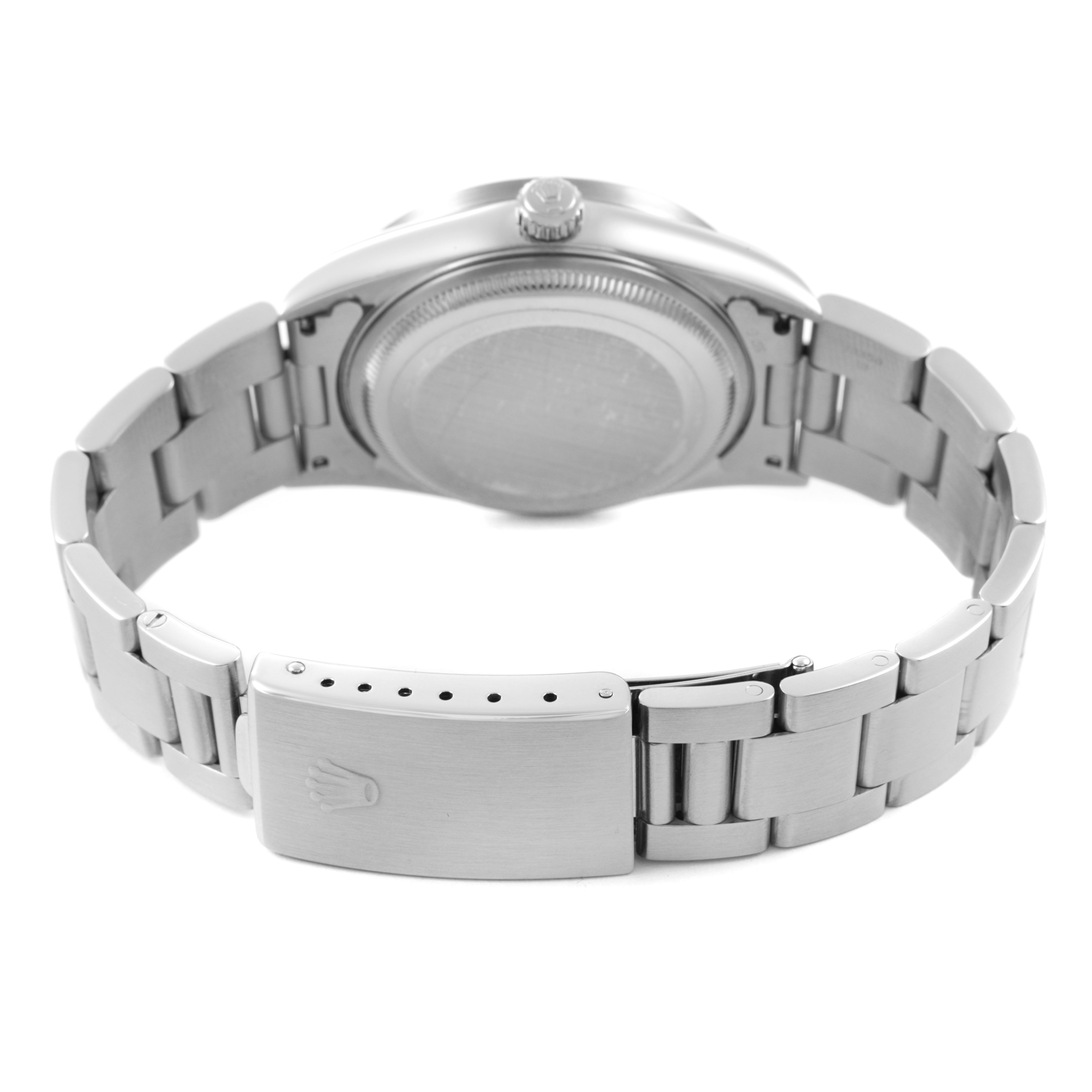 The image shows the backside and bracelet of a Rolex Air-King 14010 Men's Stainless Steel Black Dial, focusing on the clasp and case back.