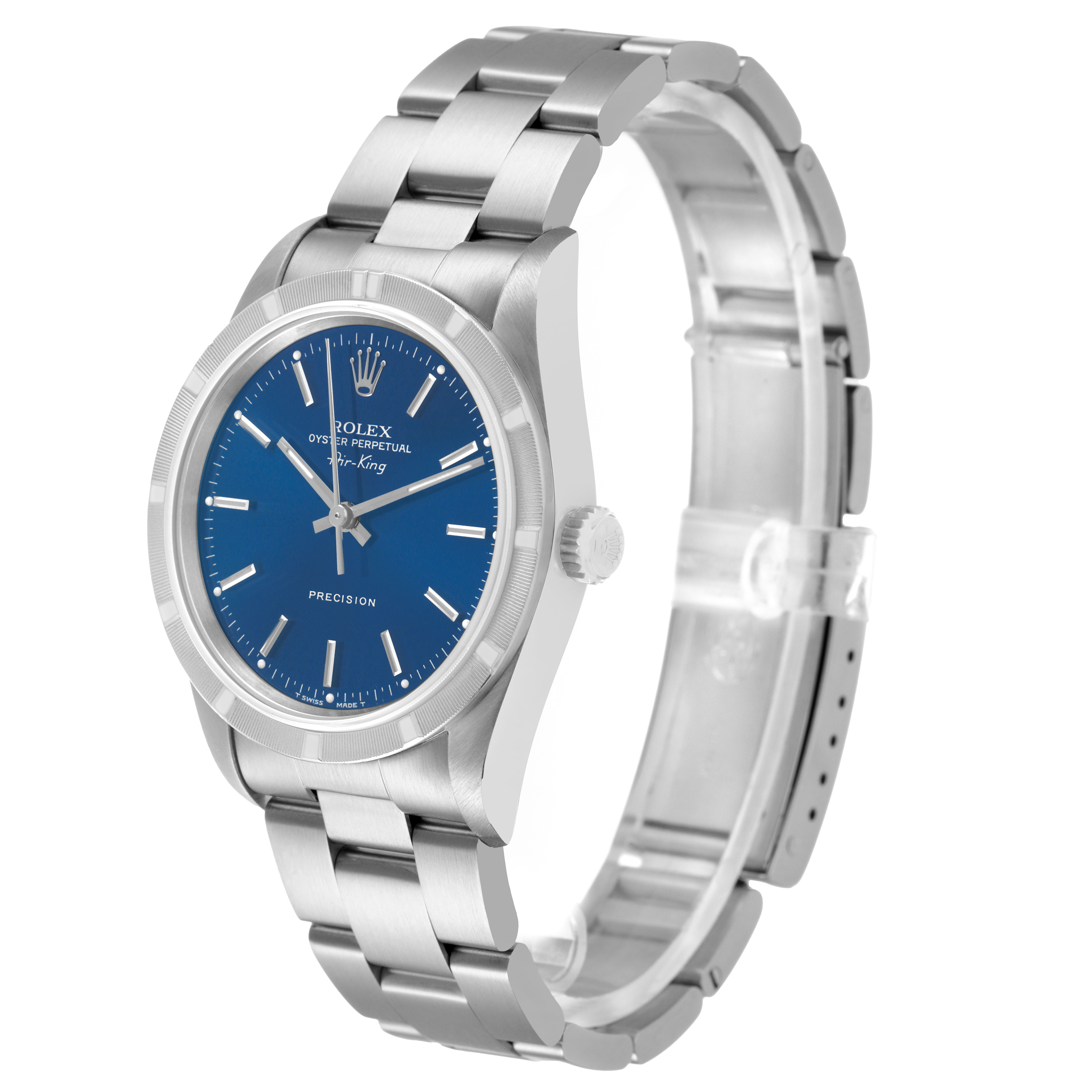 The Rolex Air-King 14010 Men's Stainless Steel Blue Dial watch is shown at a three-quarter angle, highlighting the blue dial, bezel, crown, and bracelet.