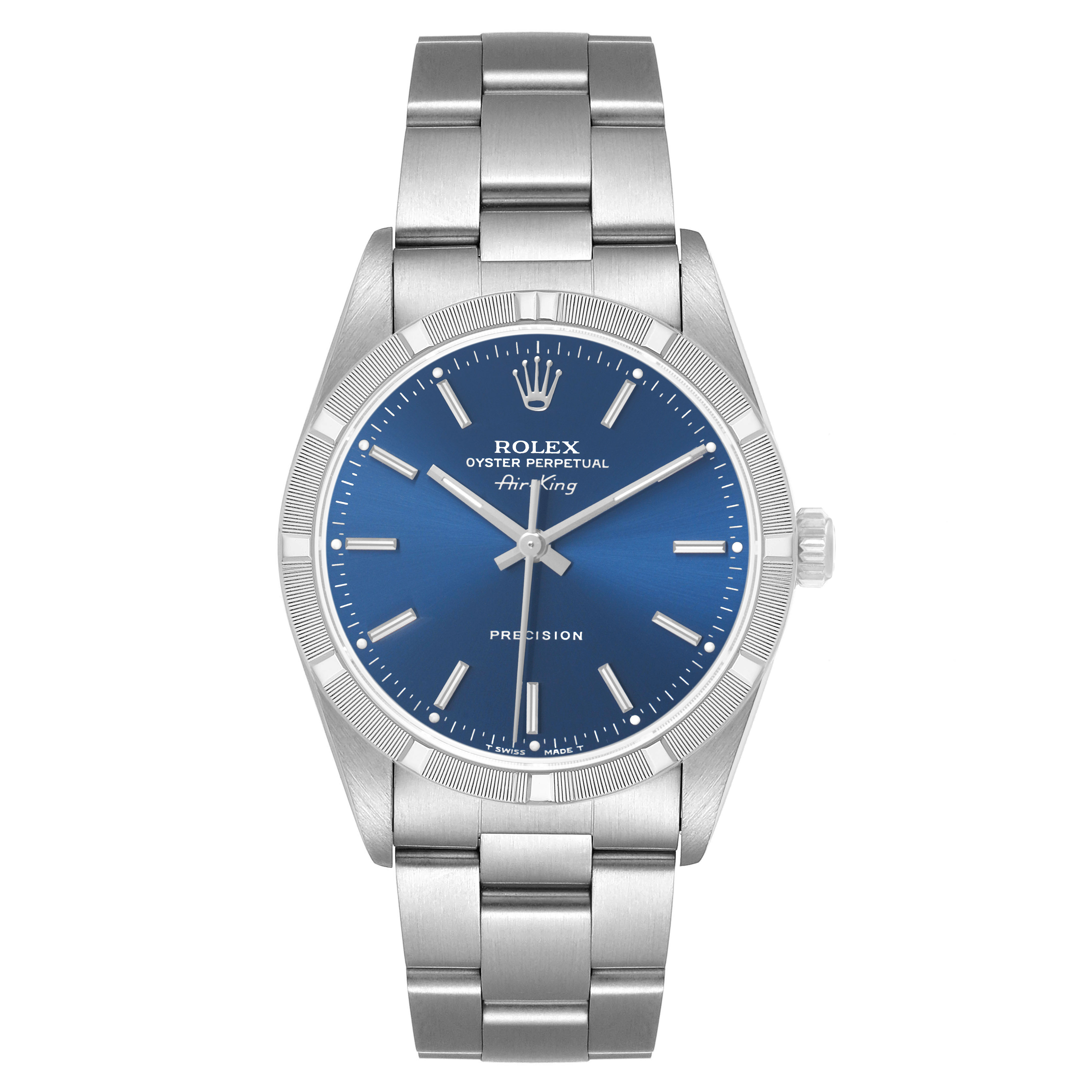 The Rolex Air-King 14010 Men's Stainless Steel Blue Dial watch is shown from a front angle, displaying its blue dial, silver markers, bezel, and bracelet.