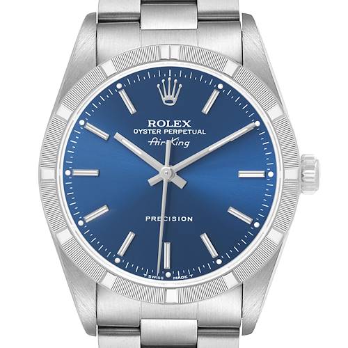 The Rolex Air-King 14010 Men's Stainless Steel Blue Dial watch is shown from the front, highlighting the blue dial, hour markers, and crown.