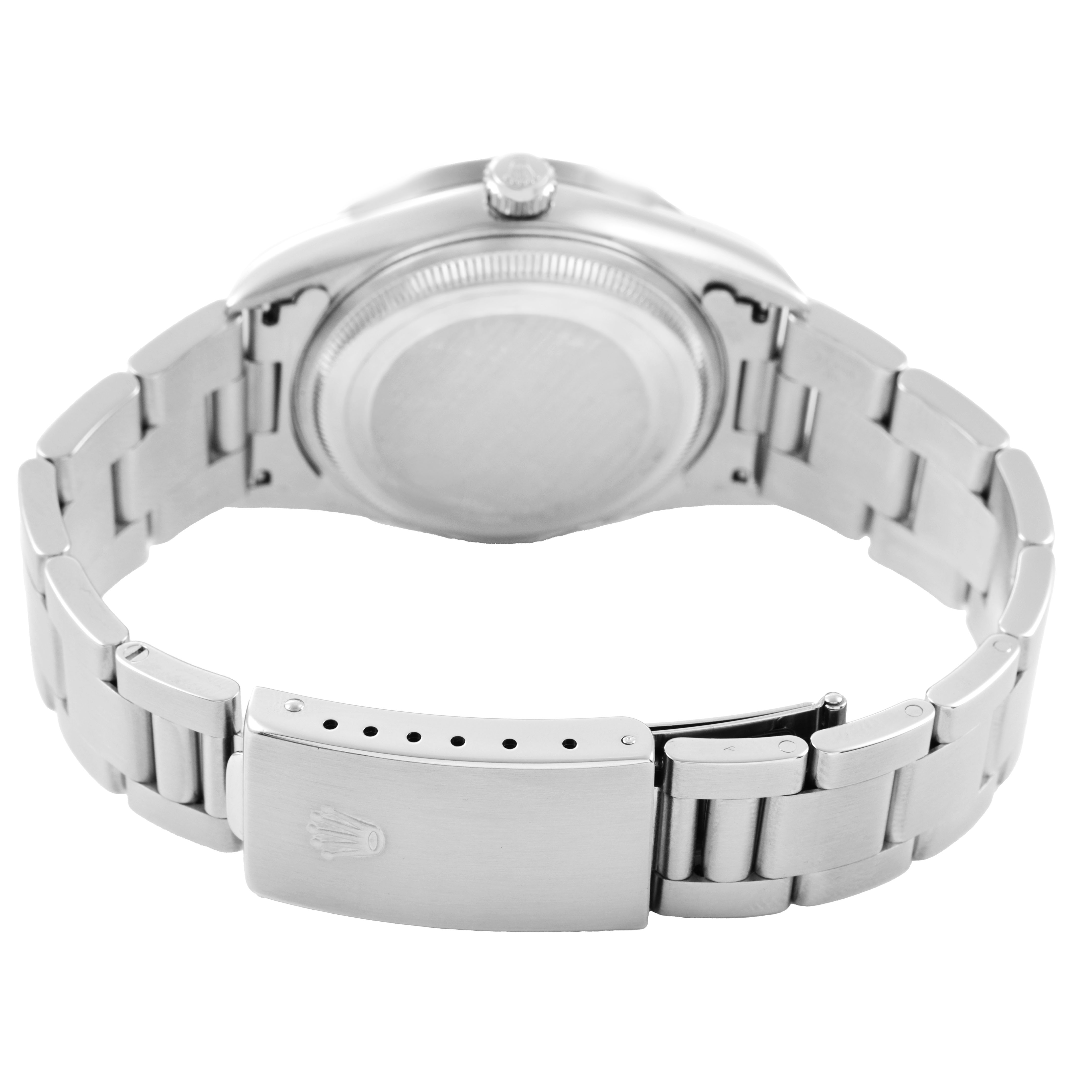 The image shows the back of the Rolex Air-King 14010 Men's Stainless Steel Blue Dial watch, highlighting the case, bracelet, and clasp.
